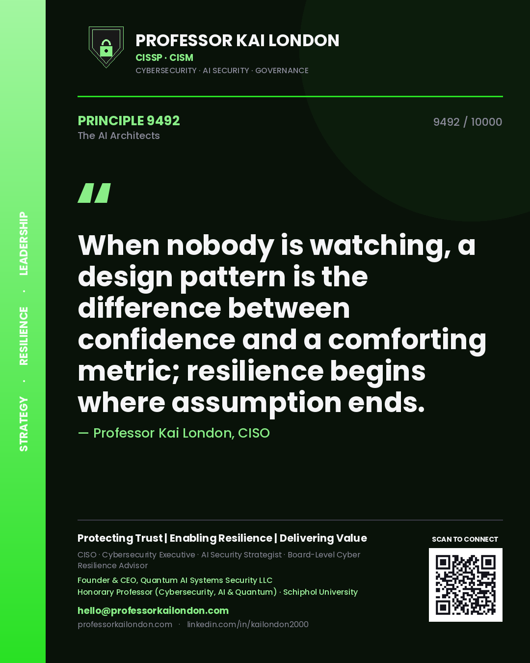 Quote card by Professor Kai London reading 'When nobody is watching, a design pattern is the difference between confidence and a comforting metric; resilience begins where assumption ends.'. From the book The AI Architects.