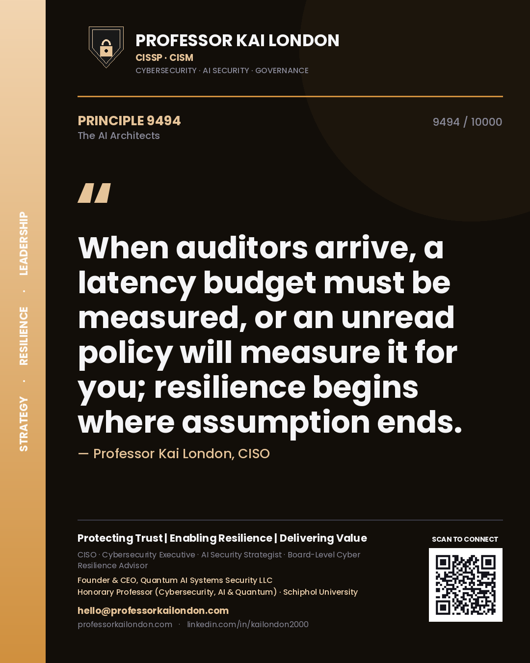 Quote card by Professor Kai London reading 'When auditors arrive, a latency budget must be measured, or an unread policy will measure it for you; resilience begins where assumption ends.'. From the book The AI Architects.