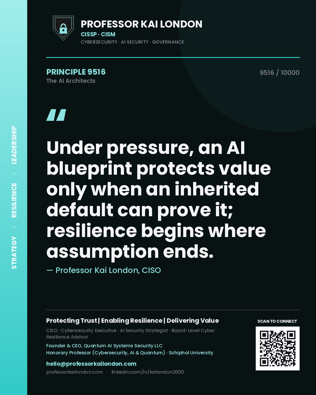 Quote card by Professor Kai London reading 'Under pressure, an AI blueprint protects value only when an inherited default can prove it; resilience begins where assumption ends.'. From the book The AI Architects.