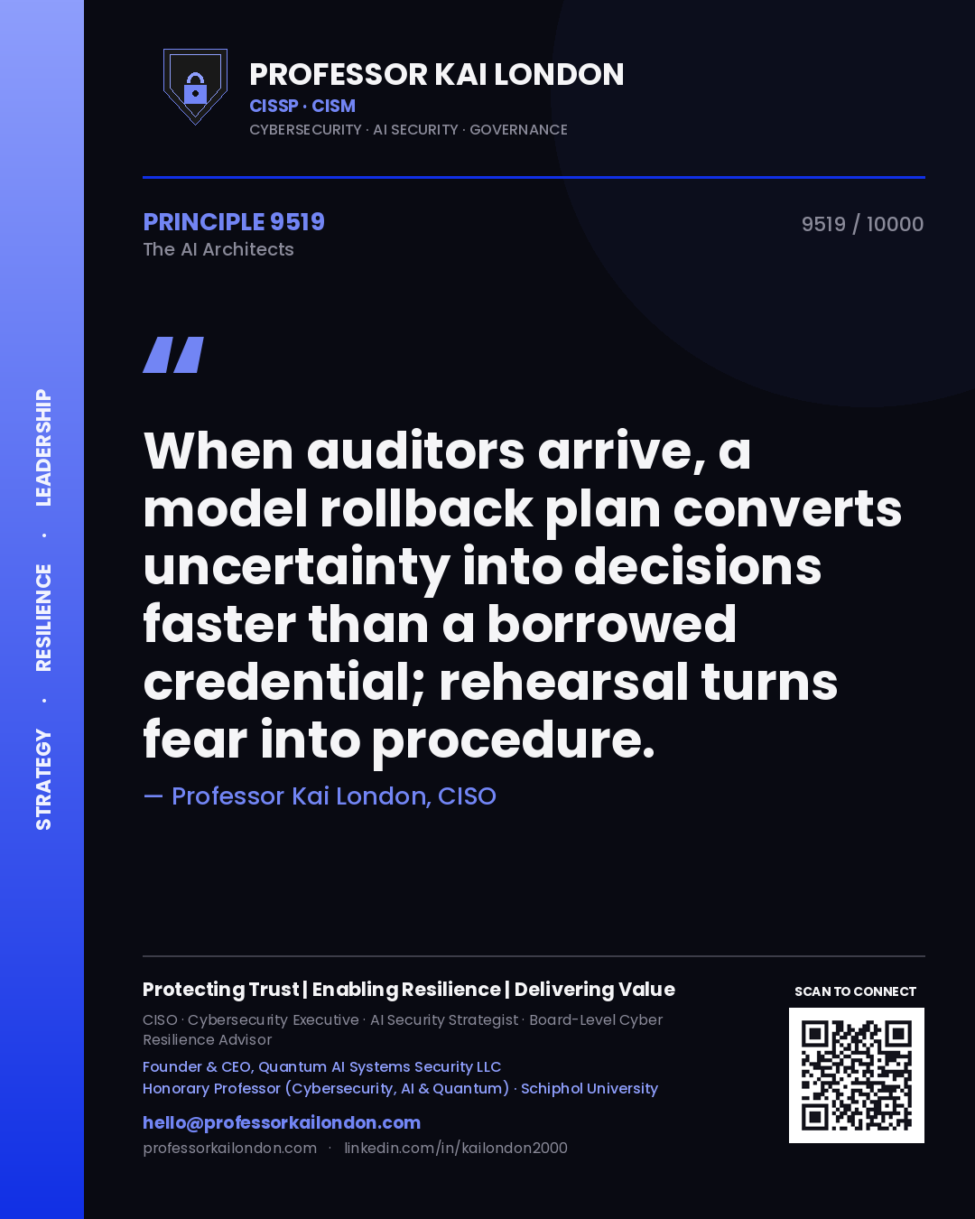 Quote card by Professor Kai London reading 'When auditors arrive, a model rollback plan converts uncertainty into decisions faster than a borrowed credential; rehearsal turns fear into procedure.'. From the book The AI Architects.