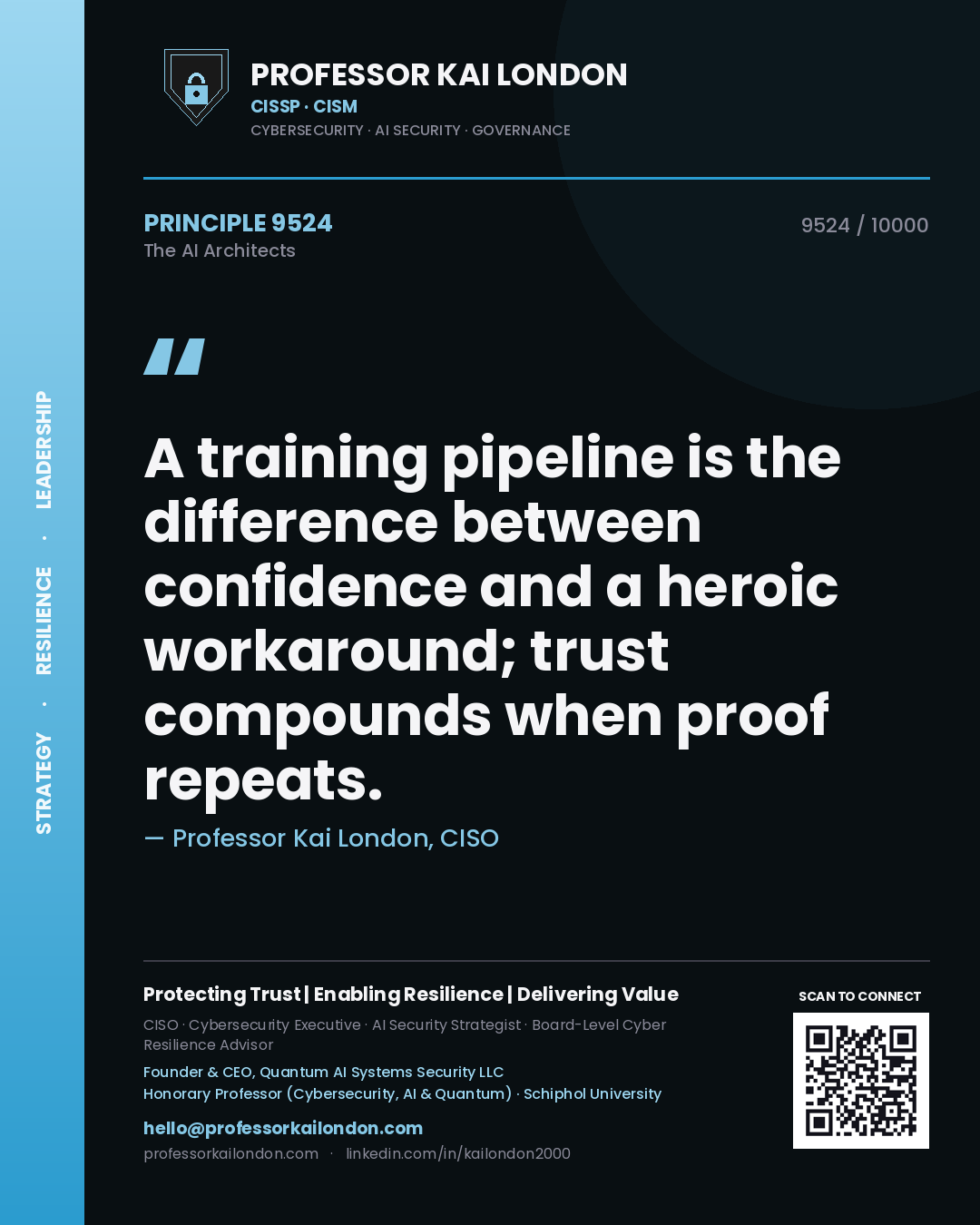 Quote card by Professor Kai London reading 'A training pipeline is the difference between confidence and a heroic workaround; trust compounds when proof repeats.'. From the book The AI Architects.