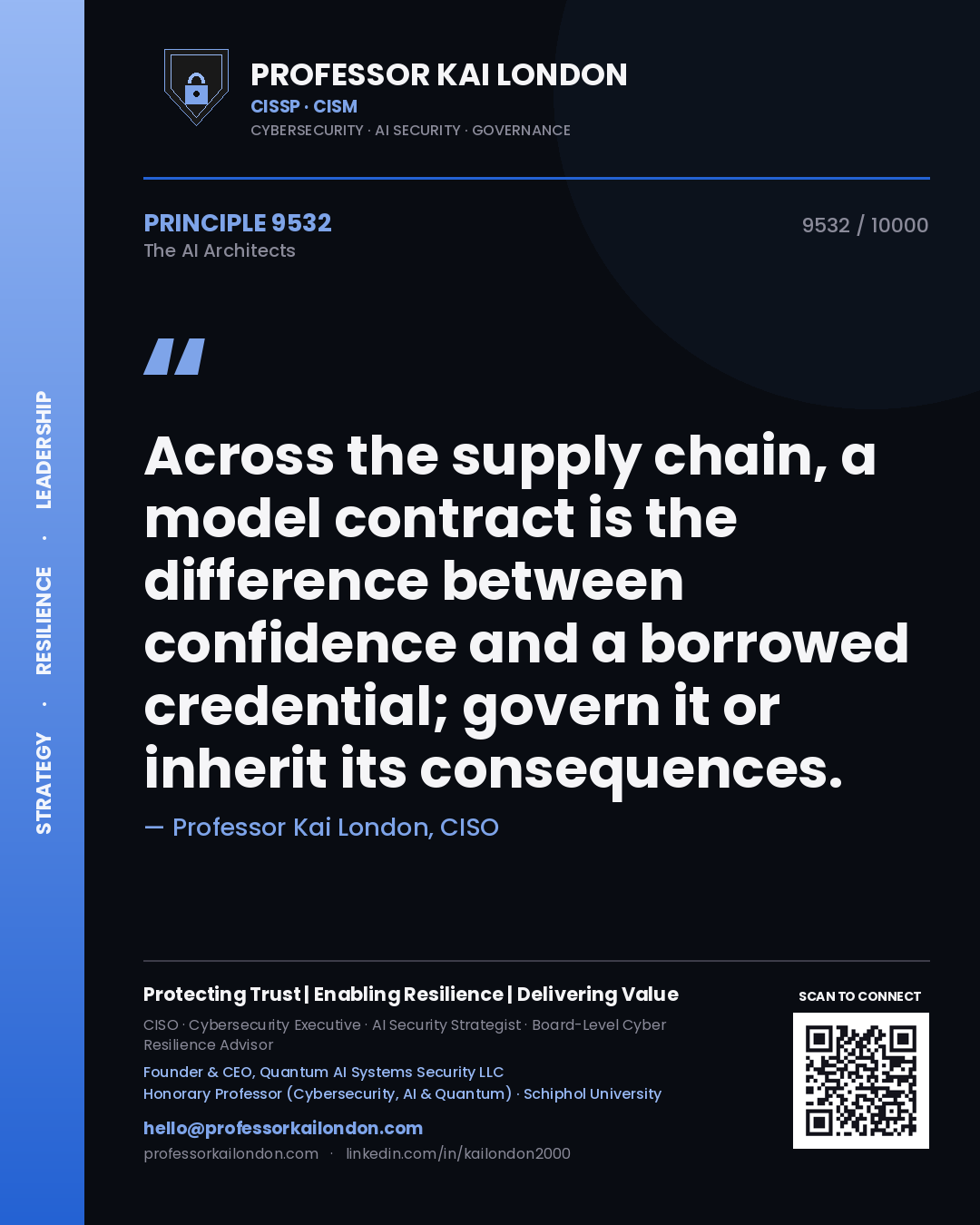 Professor Kai London principle 9532: Across the supply chain, a model contract is the difference between confidence and a borrowed credential; govern it or inherit its consequences.