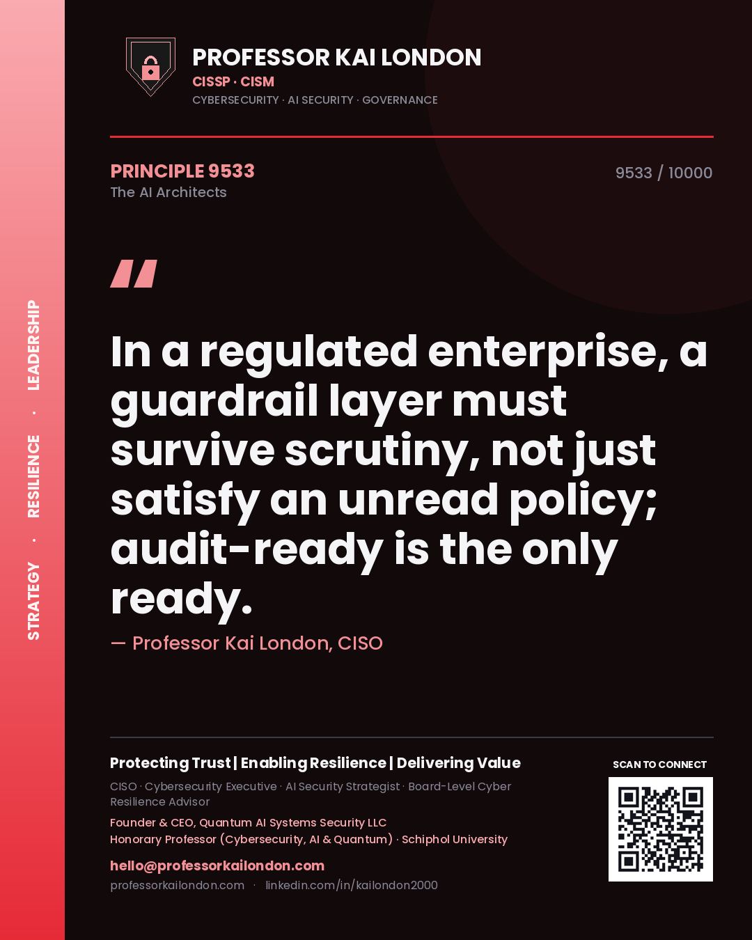 Quote card by Professor Kai London reading 'In a regulated enterprise, a guardrail layer must survive scrutiny, not just satisfy an unread policy; audit-ready is the only ready.'. From the book The AI Architects.