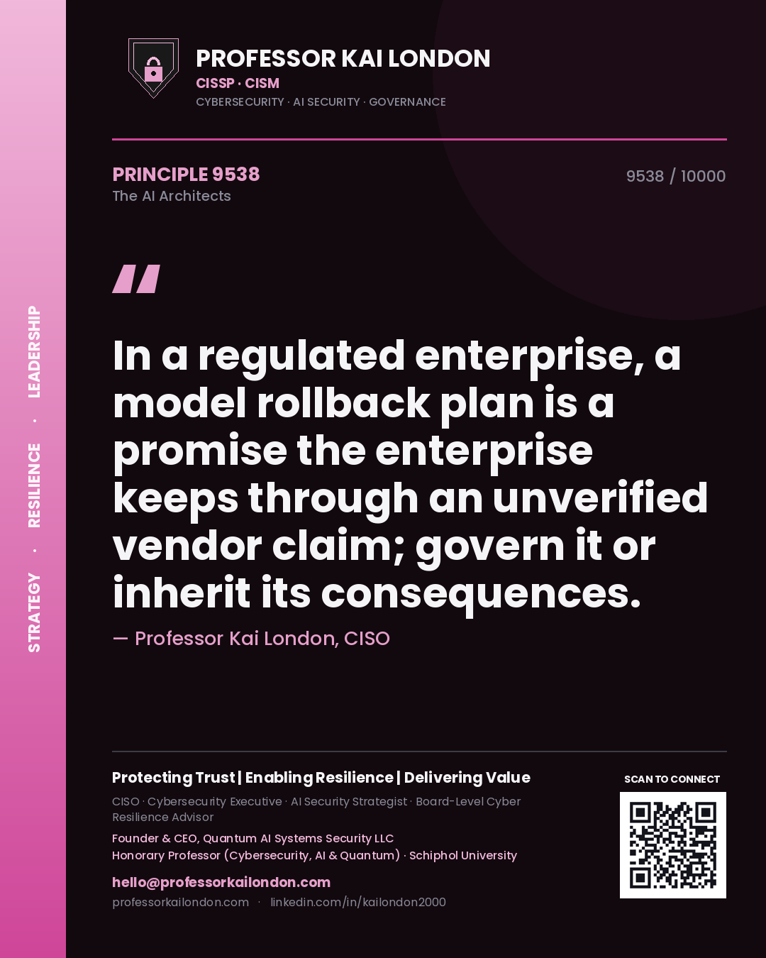 Quote card by Professor Kai London reading 'In a regulated enterprise, a model rollback plan is a promise the enterprise keeps through an unverified vendor claim; govern it or inherit its consequences.'. From the book The AI Architects.