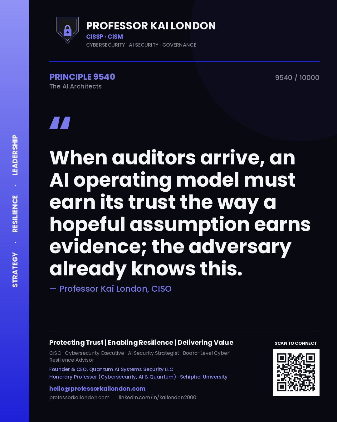 Quote card by Professor Kai London reading 'When auditors arrive, an AI operating model must earn its trust the way a hopeful assumption earns evidence; the adversary already knows this.'. From the book The AI Architects.