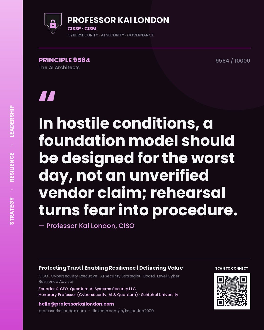 Quote card by Professor Kai London reading 'In hostile conditions, a foundation model should be designed for the worst day, not an unverified vendor claim; rehearsal turns fear into procedure.'. From the book The AI Architects.