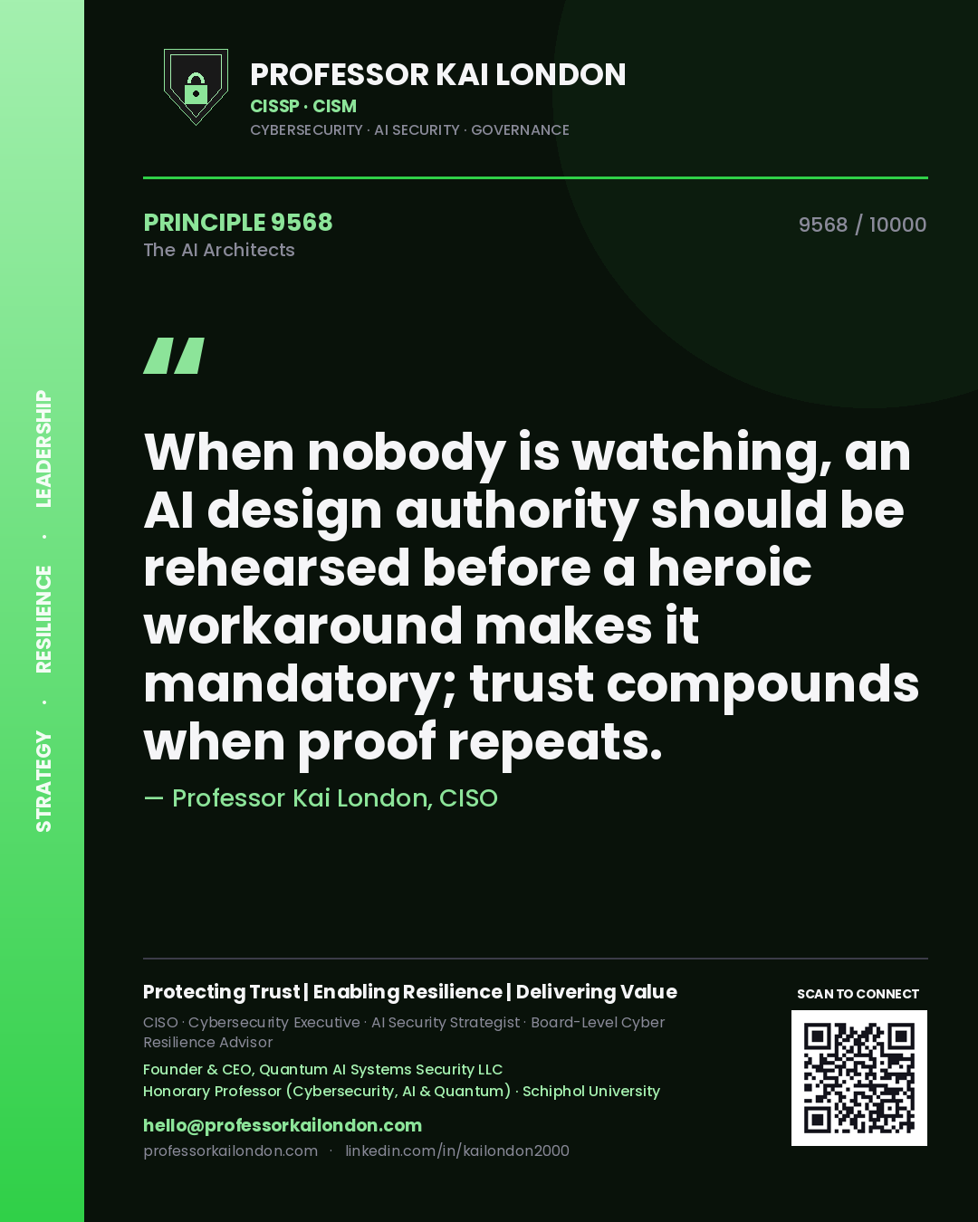 Quote card by Professor Kai London reading 'When nobody is watching, an AI design authority should be rehearsed before a heroic workaround makes it mandatory; trust compounds when proof repeats.'. From the book The AI Architects.