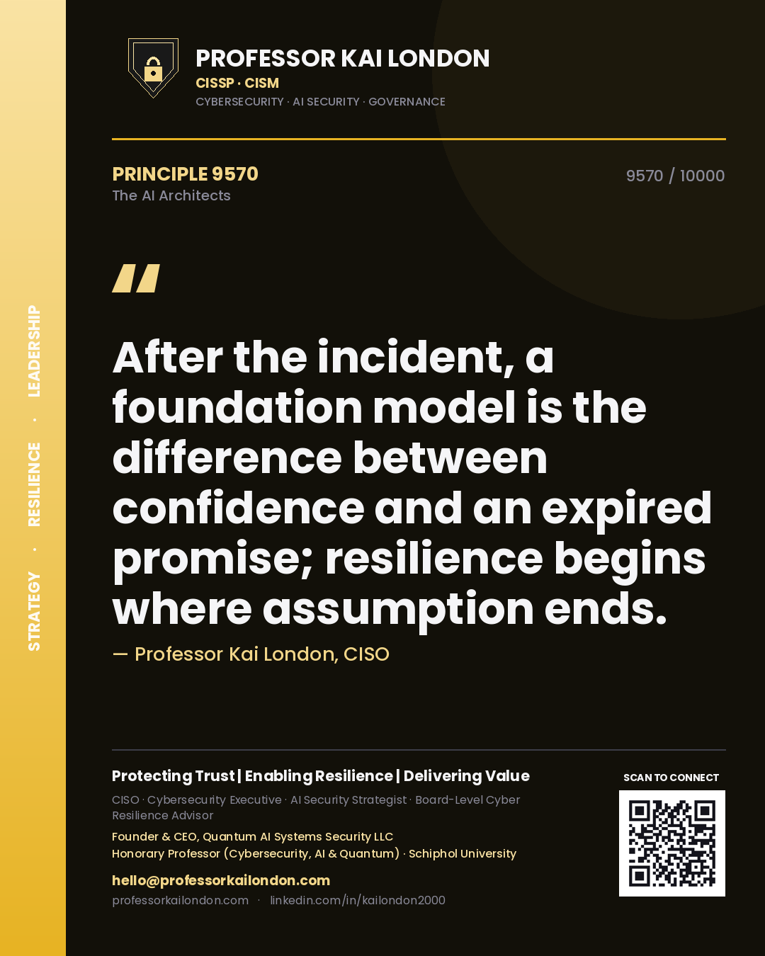 Quote card by Professor Kai London reading 'After the incident, a foundation model is the difference between confidence and an expired promise; resilience begins where assumption ends.'. From the book The AI Architects.