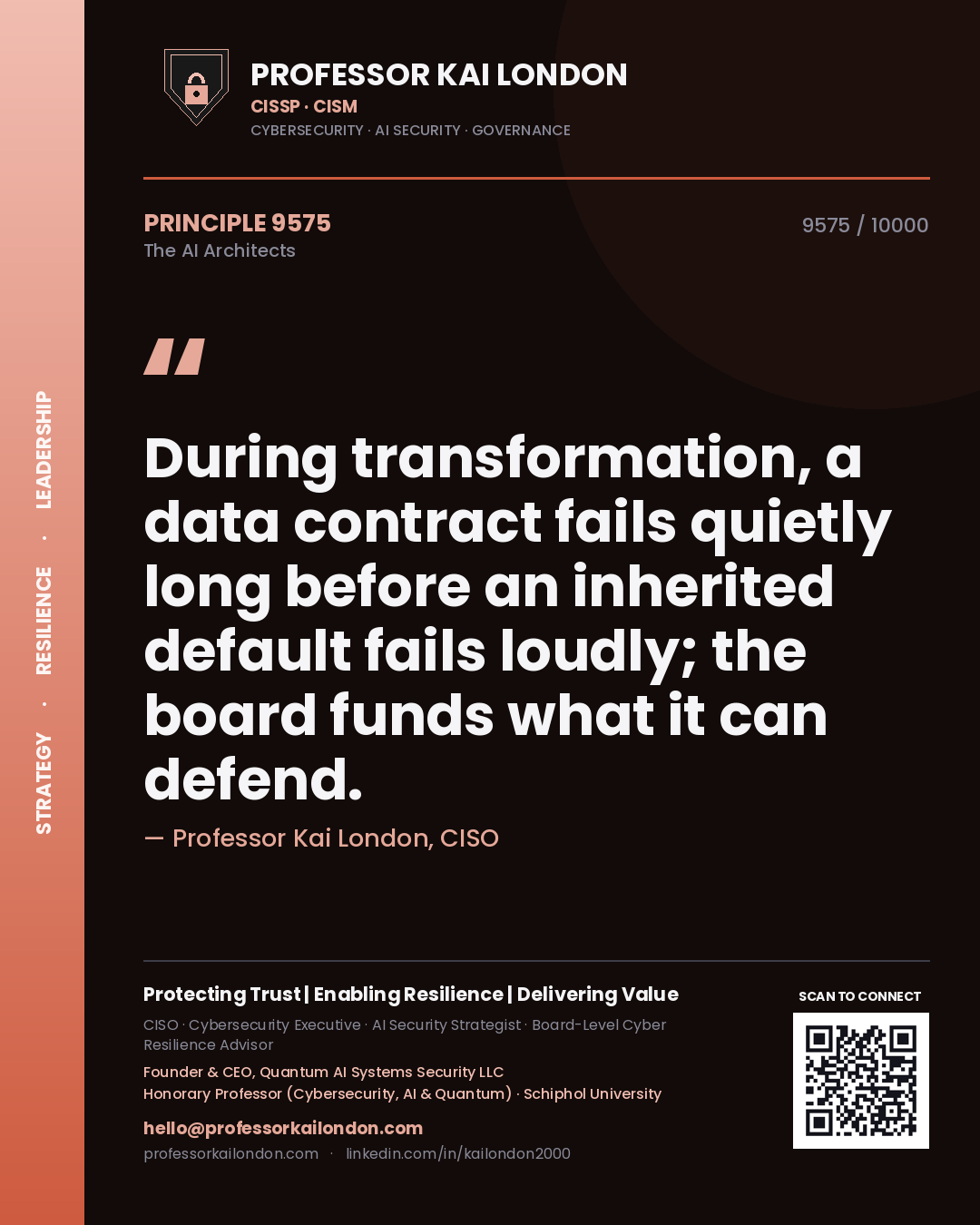Professor Kai London principle 9575: During transformation, a data contract fails quietly long before an inherited default fails loudly; the board funds what it can defend.
