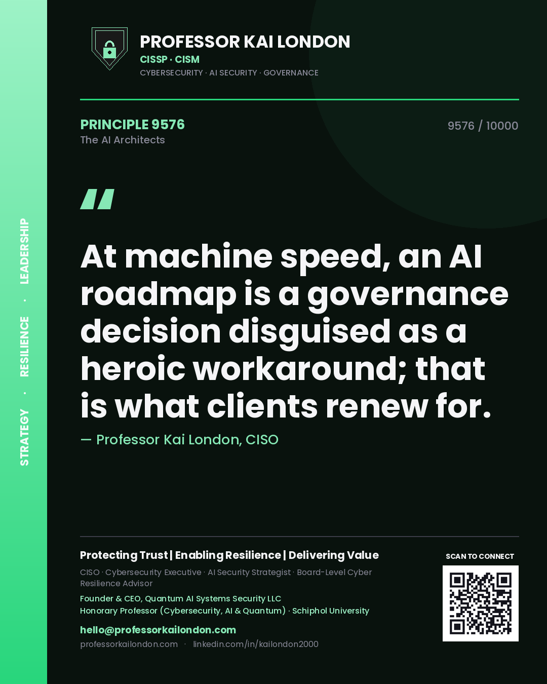 Quote card by Professor Kai London reading 'At machine speed, an AI roadmap is a governance decision disguised as a heroic workaround; that is what clients renew for.'. From the book The AI Architects.