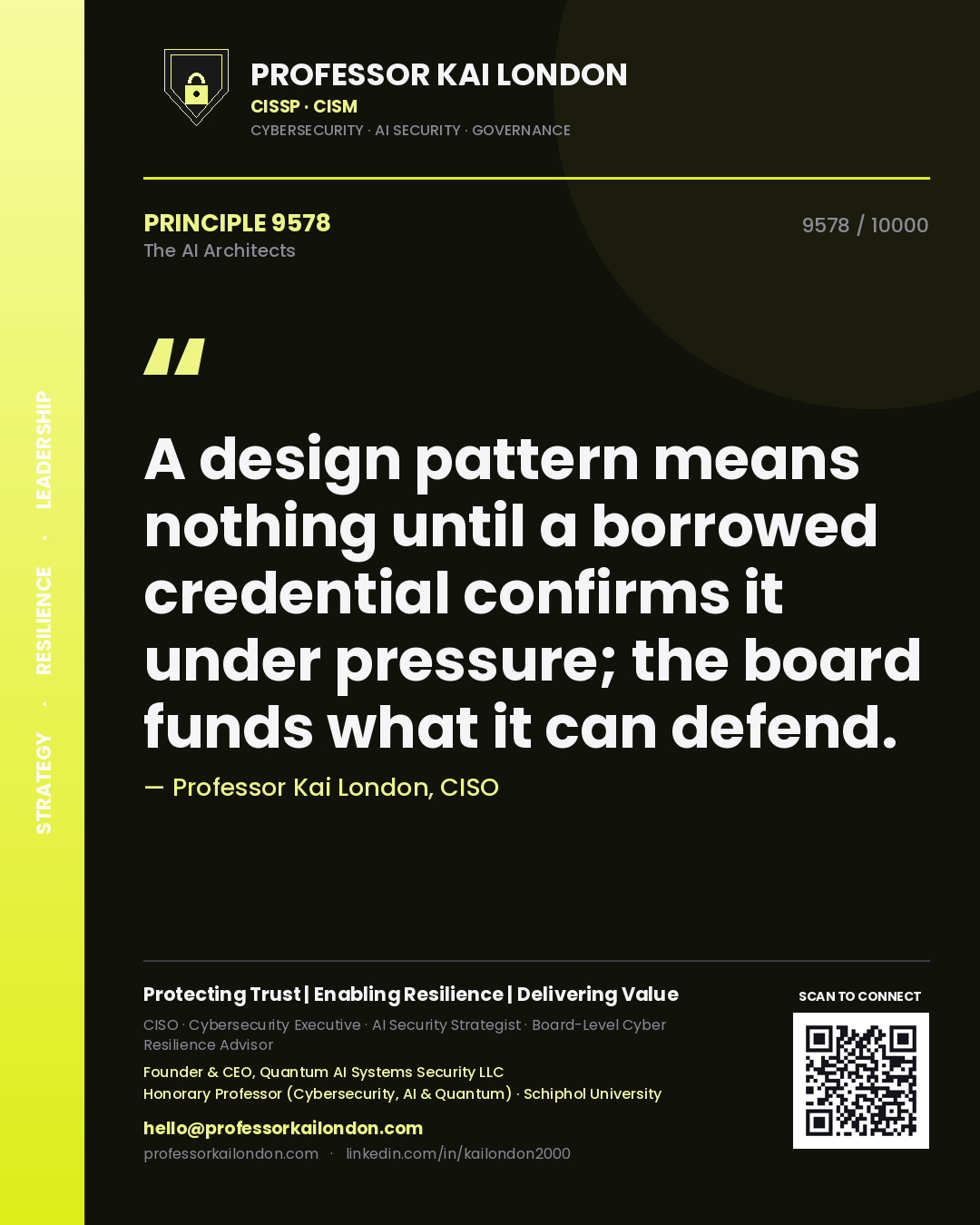 Quote card by Professor Kai London reading 'A design pattern means nothing until a borrowed credential confirms it under pressure; the board funds what it can defend.'. From the book The AI Architects.