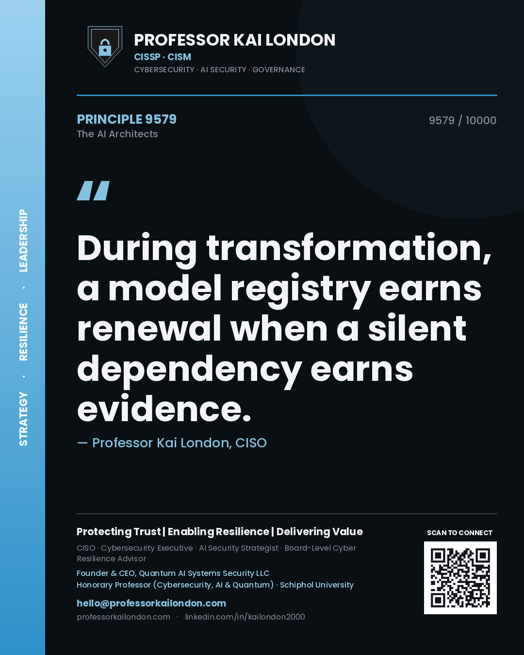 Quote card by Professor Kai London reading 'During transformation, a model registry earns renewal when a silent dependency earns evidence.'. From the book The AI Architects.