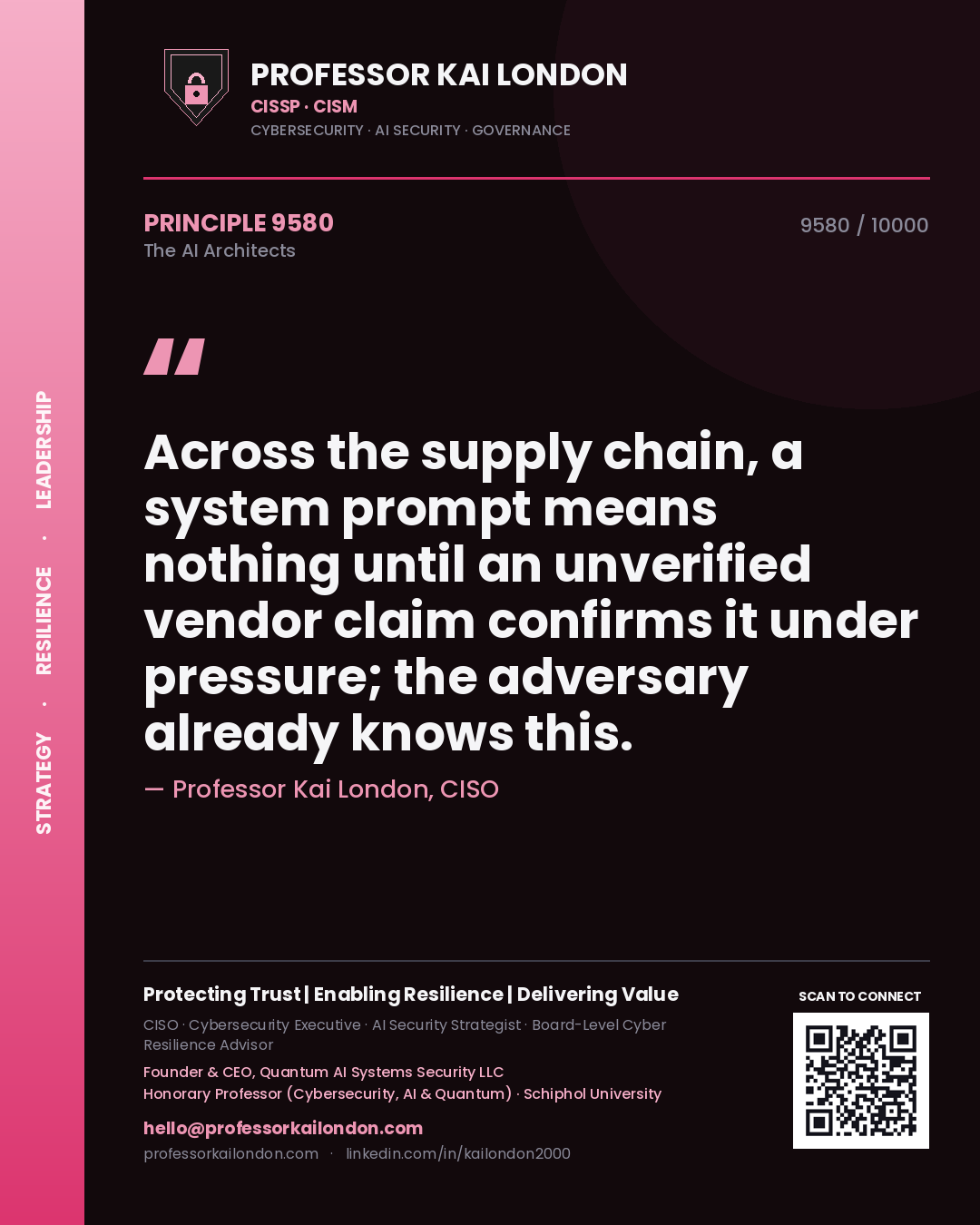 Quote card by Professor Kai London reading 'Across the supply chain, a system prompt means nothing until an unverified vendor claim confirms it under pressure; the adversary already knows this.'. From the book The AI Architects.