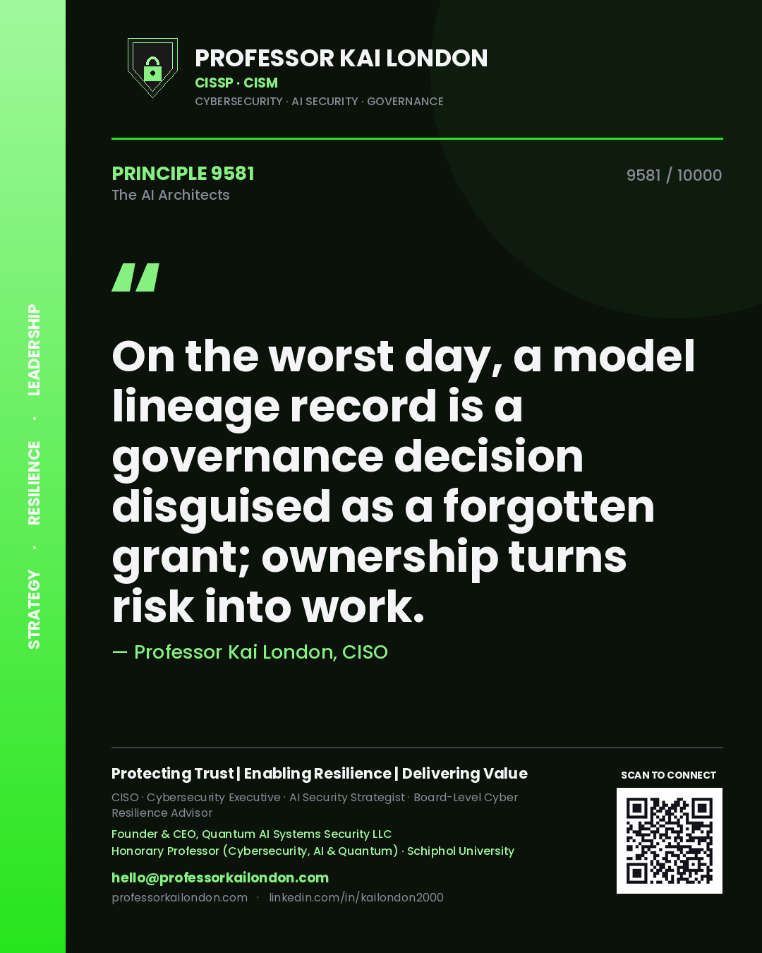 Quote card by Professor Kai London reading 'On the worst day, a model lineage record is a governance decision disguised as a forgotten grant; ownership turns risk into work.'. From the book The AI Architects.