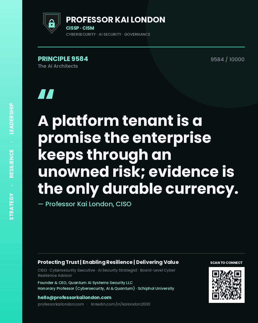 Professor Kai London principle 9584: A platform tenant is a promise the enterprise keeps through an unowned risk; evidence is the only durable currency.