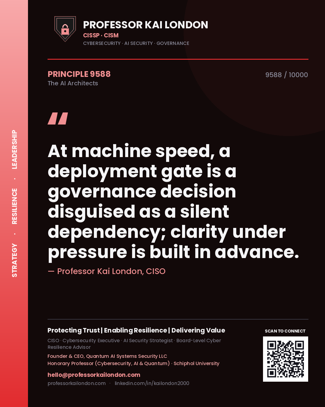 Quote card by Professor Kai London reading 'At machine speed, a deployment gate is a governance decision disguised as a silent dependency; clarity under pressure is built in advance.'. From the book The AI Architects.