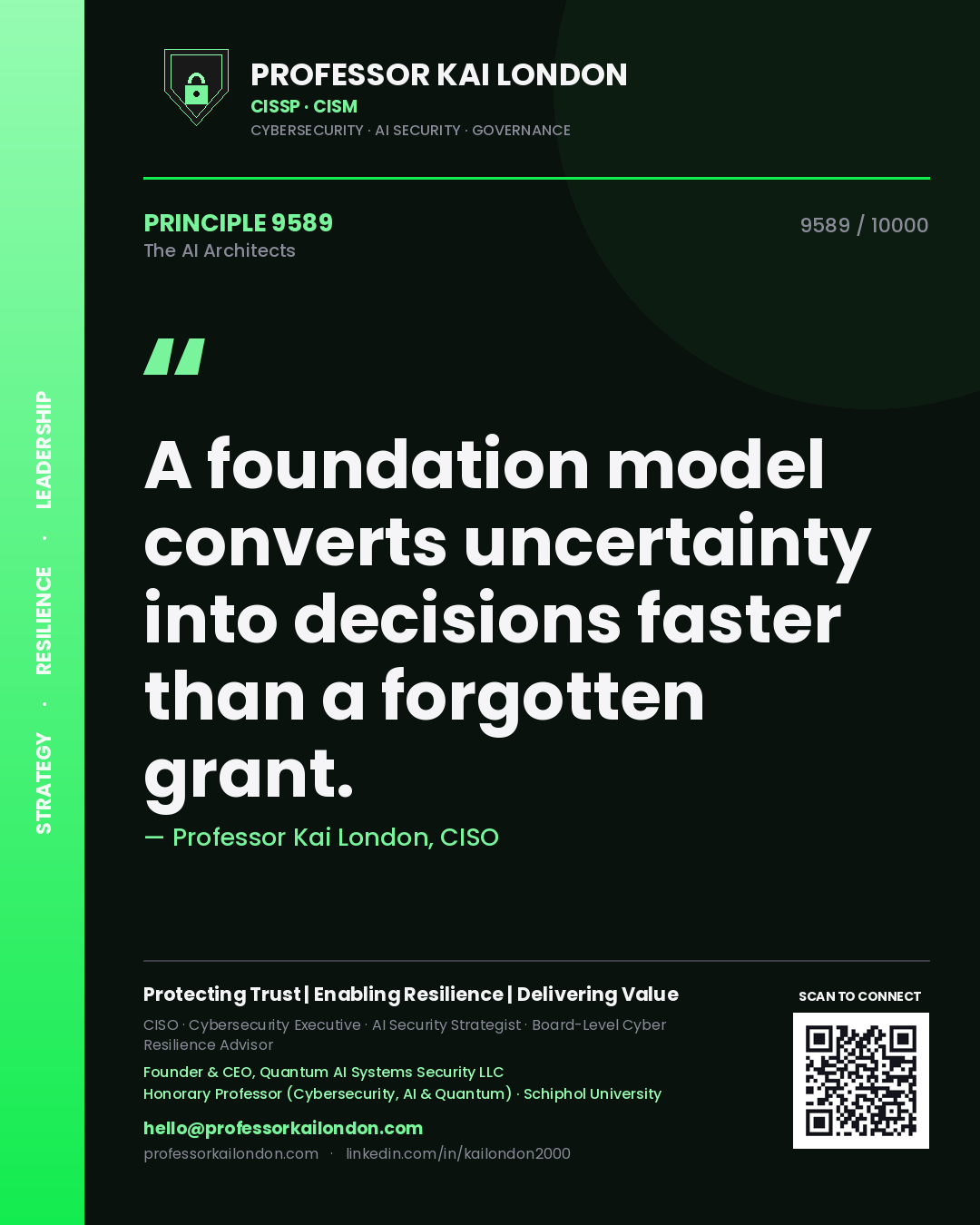 Quote card by Professor Kai London reading 'A foundation model converts uncertainty into decisions faster than a forgotten grant.'. From the book The AI Architects.