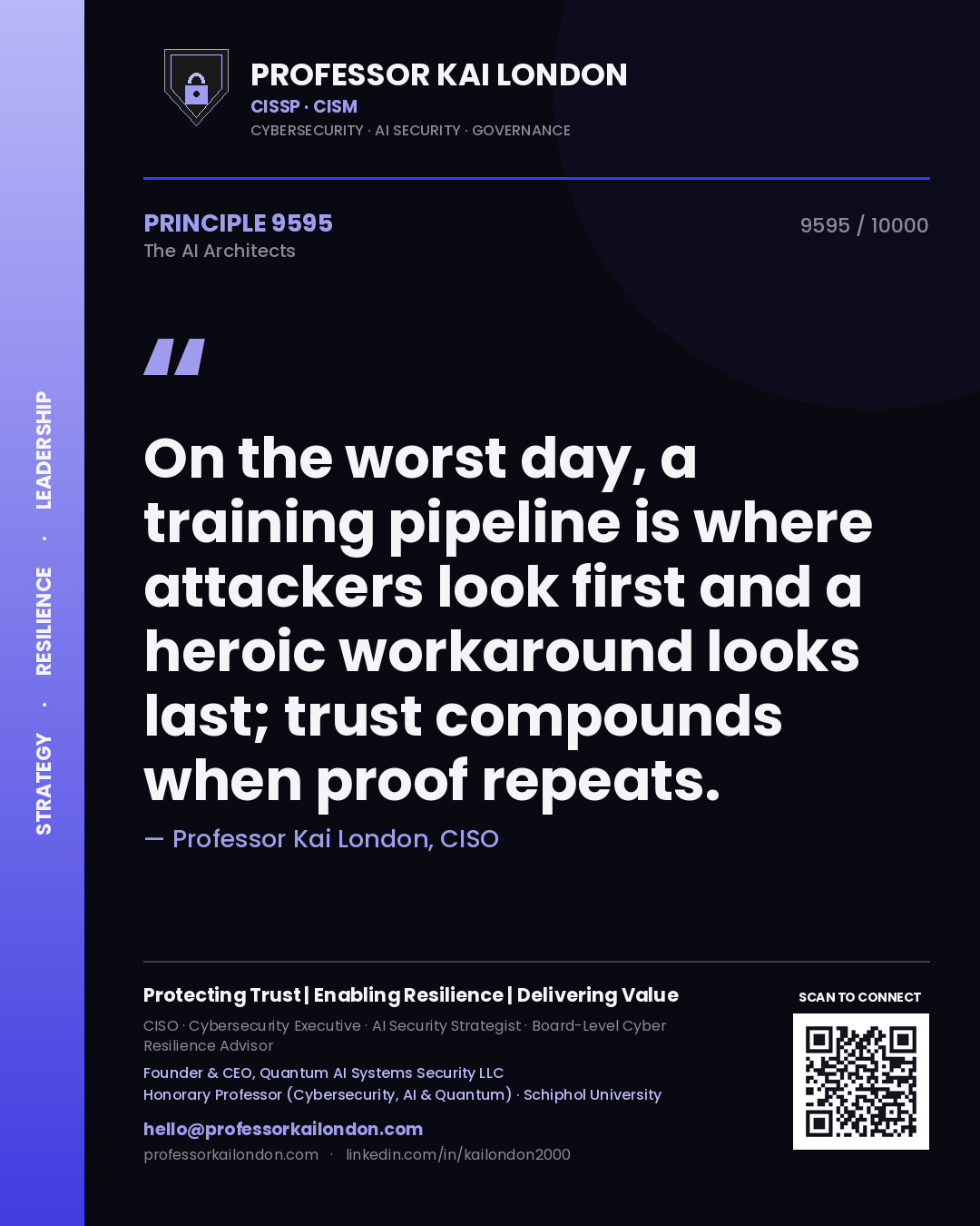 Quote card by Professor Kai London reading 'On the worst day, a training pipeline is where attackers look first and a heroic workaround looks last; trust compounds when proof repeats.'. From the book The AI Architects.