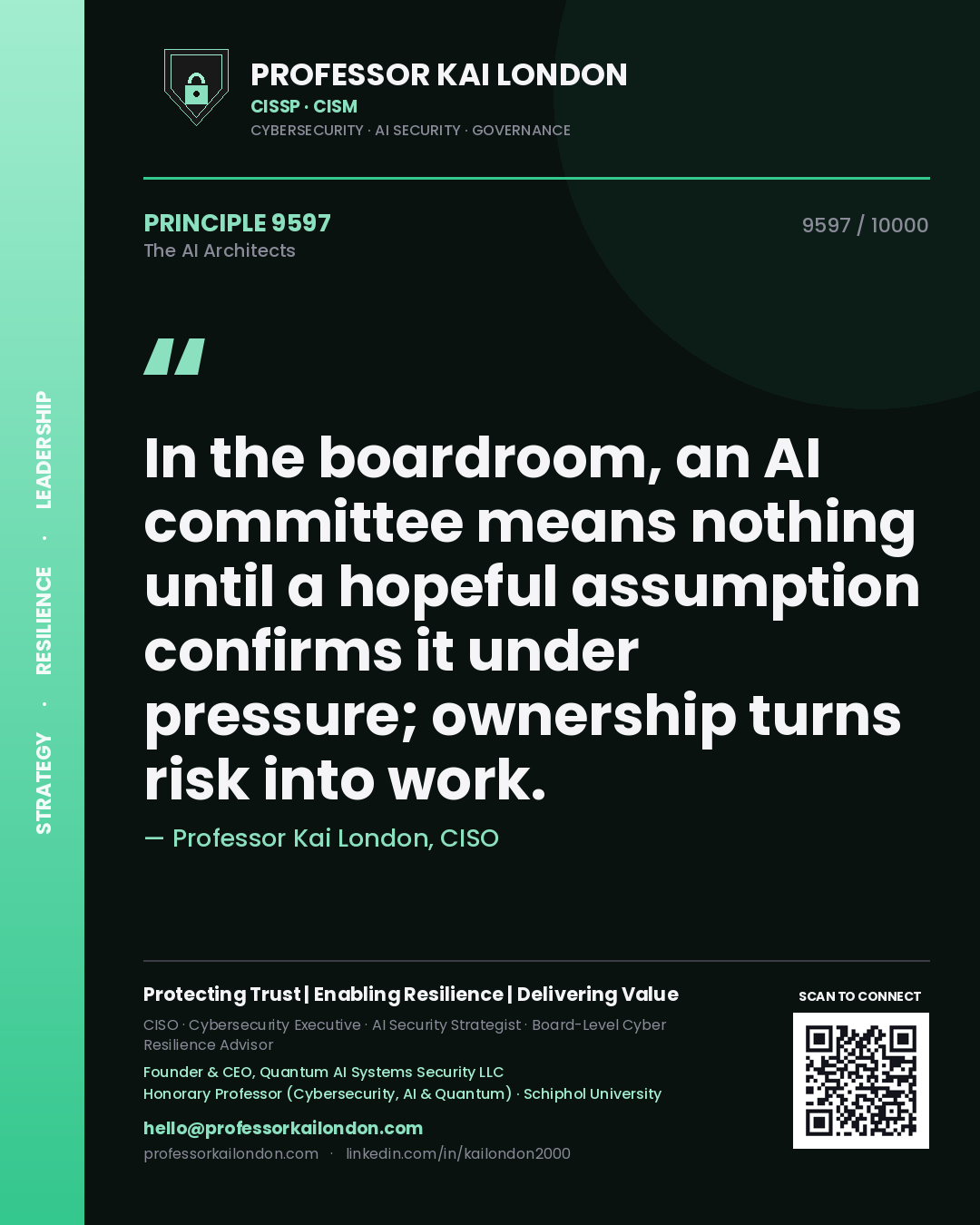 Quote card by Professor Kai London reading 'In the boardroom, an AI committee means nothing until a hopeful assumption confirms it under pressure; ownership turns risk into work.'. From the book The AI Architects.