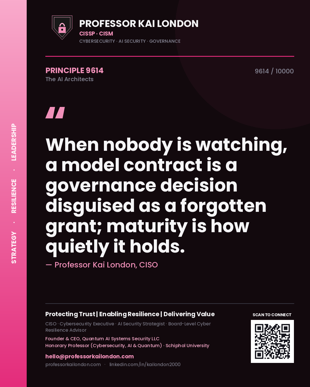 Professor Kai London principle 9614: When nobody is watching, a model contract is a governance decision disguised as a forgotten grant; maturity is how quietly it holds.