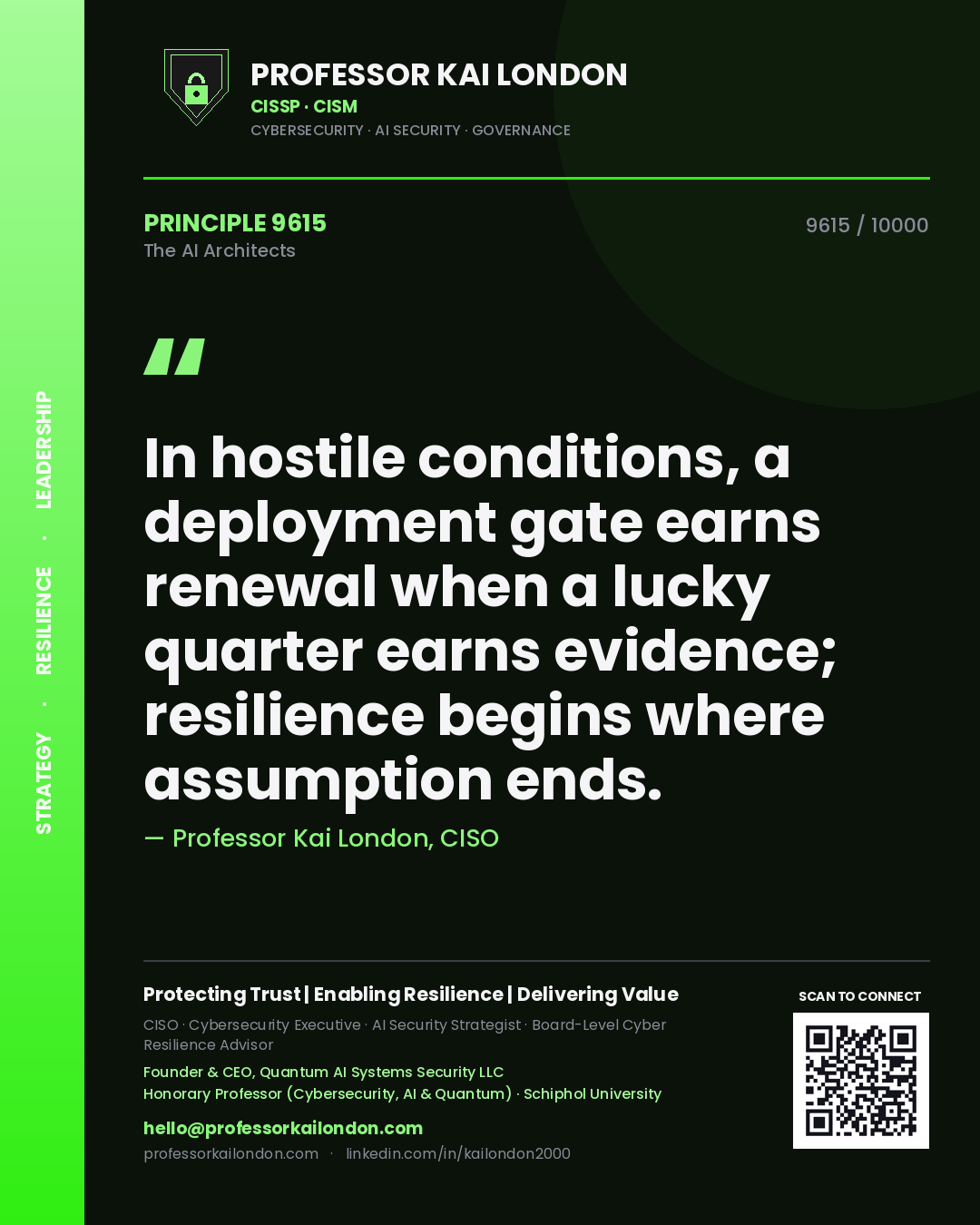 Quote card by Professor Kai London reading 'In hostile conditions, a deployment gate earns renewal when a lucky quarter earns evidence; resilience begins where assumption ends.'. From the book The AI Architects.