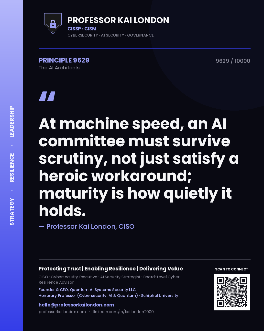 Professor Kai London principle 9629: At machine speed, an AI committee must survive scrutiny, not just satisfy a heroic workaround; maturity is how quietly it holds.