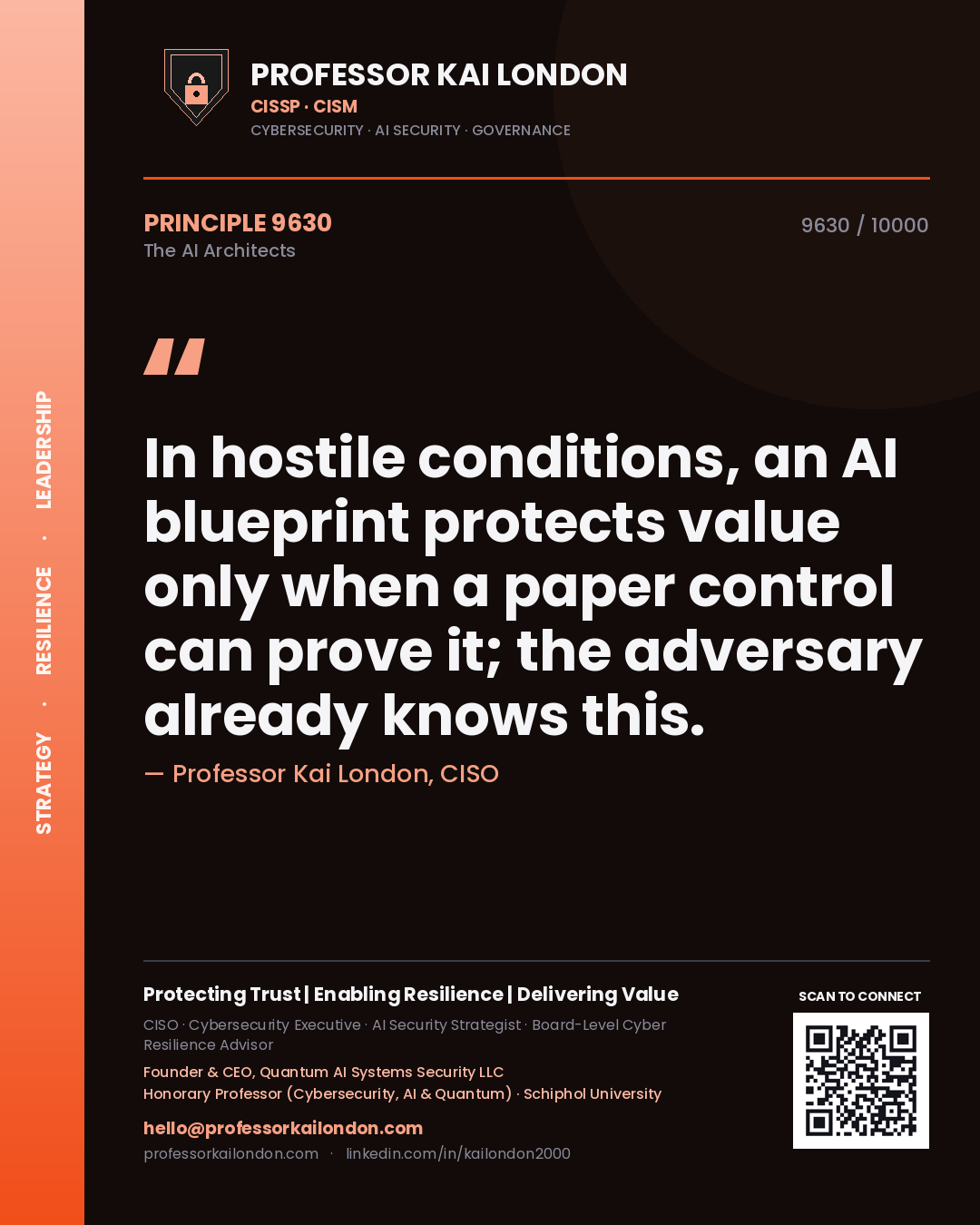 Quote card by Professor Kai London reading 'In hostile conditions, an AI blueprint protects value only when a paper control can prove it; the adversary already knows this.'. From the book The AI Architects.