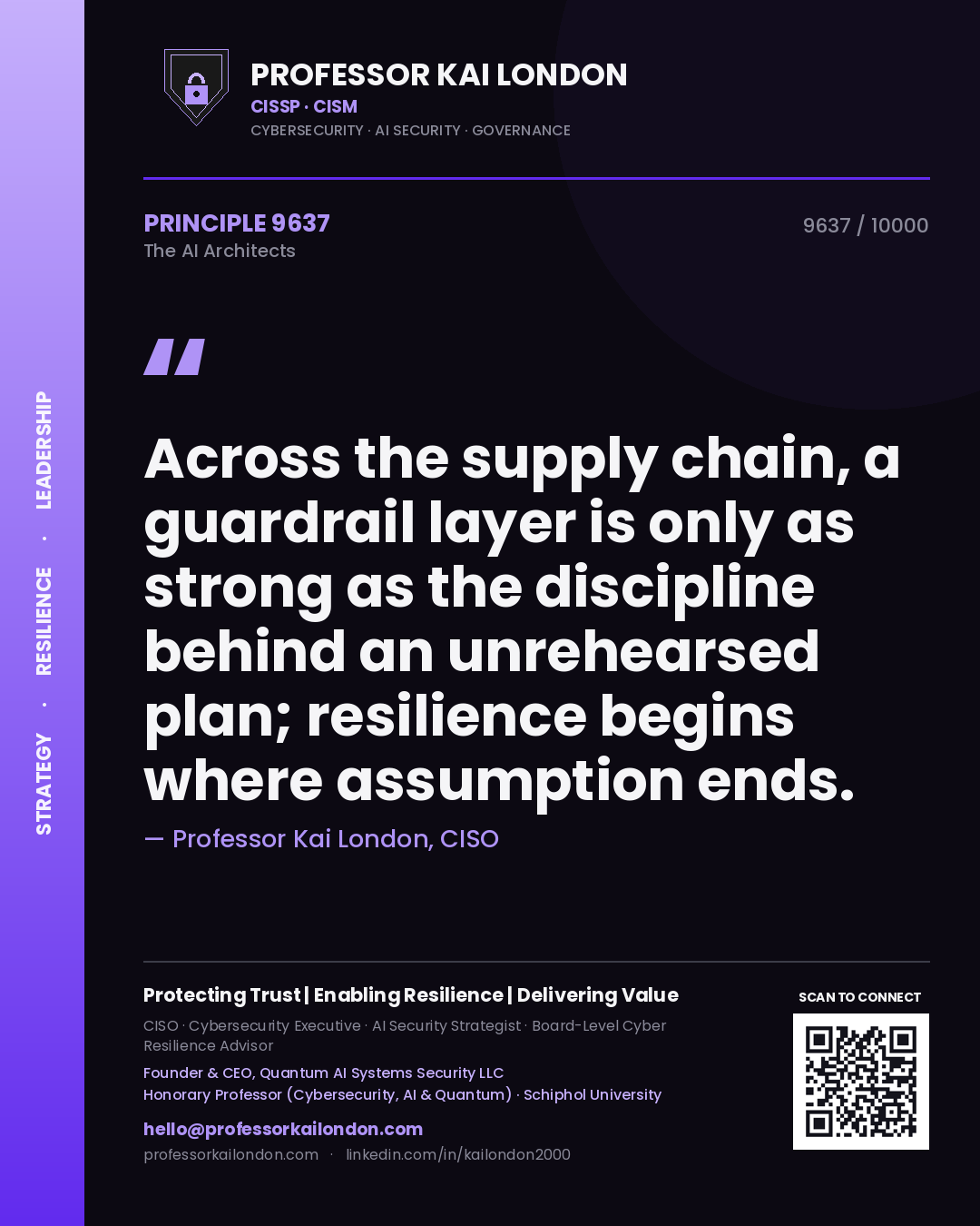Quote card by Professor Kai London reading 'Across the supply chain, a guardrail layer is only as strong as the discipline behind an unrehearsed plan; resilience begins where assumption ends.'. From the book The AI Architects.