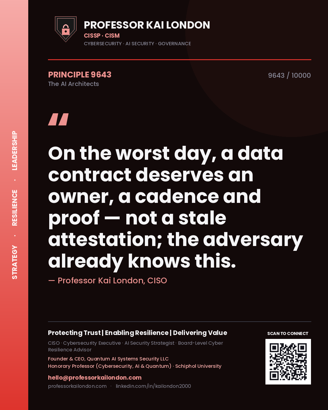 Professor Kai London principle 9643: On the worst day, a data contract deserves an owner, a cadence and proof — not a stale attestation; the adversary already knows this.