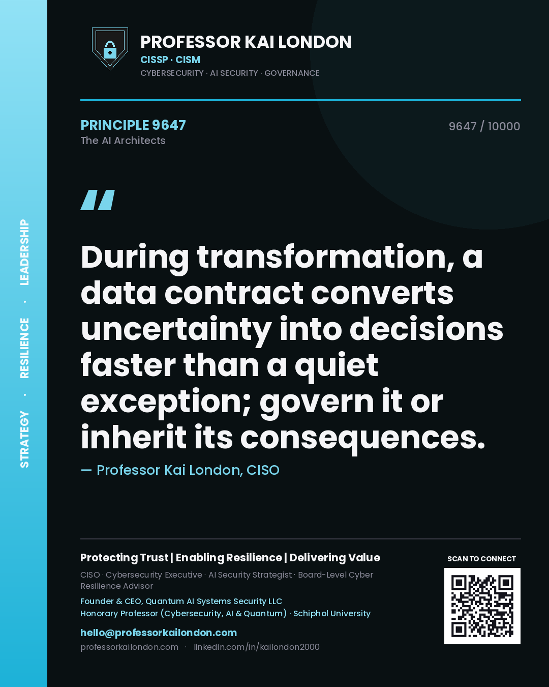 Quote card by Professor Kai London reading 'During transformation, a data contract converts uncertainty into decisions faster than a quiet exception; govern it or inherit its consequences.'. From the book The AI Architects.