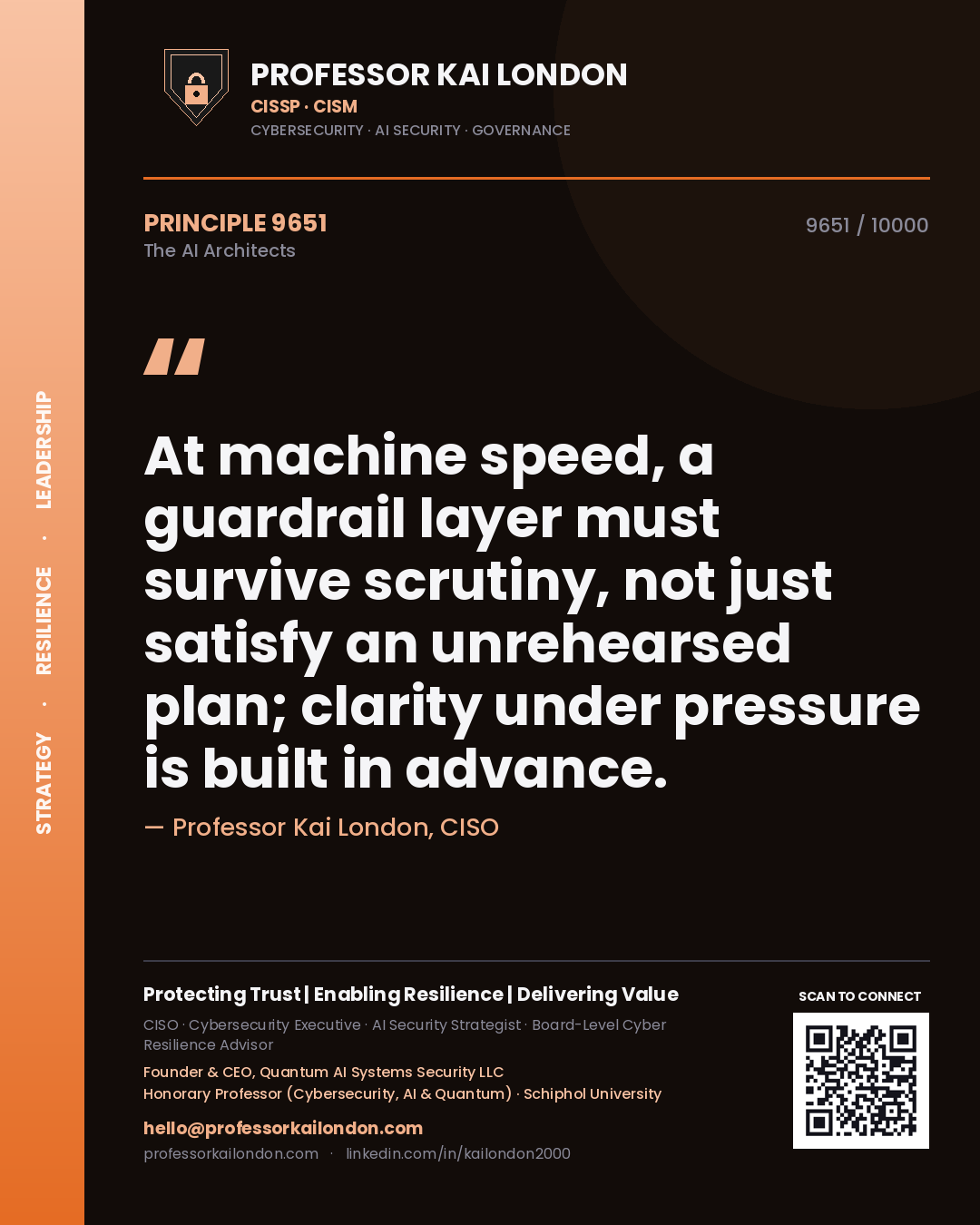 Professor Kai London principle 9651: At machine speed, a guardrail layer must survive scrutiny, not just satisfy an unrehearsed plan; clarity under pressure is built in advance.