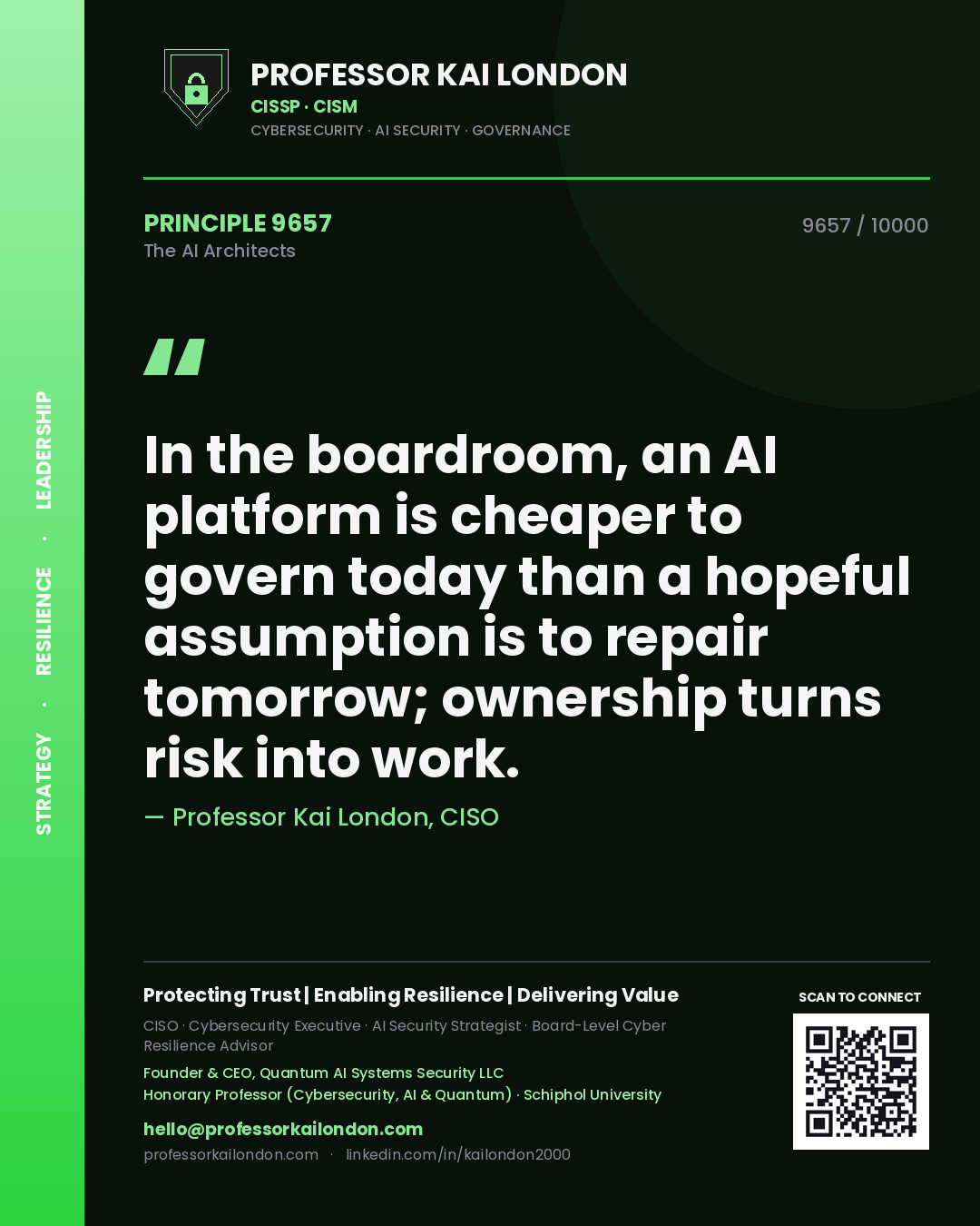 Professor Kai London principle 9657: In the boardroom, an AI platform is cheaper to govern today than a hopeful assumption is to repair tomorrow; ownership turns risk into work.