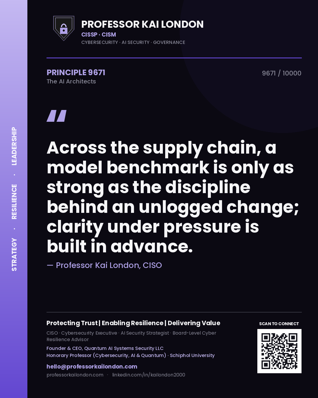 Professor Kai London principle 9671: Across the supply chain, a model benchmark is only as strong as the discipline behind an unlogged change; clarity under pressure is built in advance.
