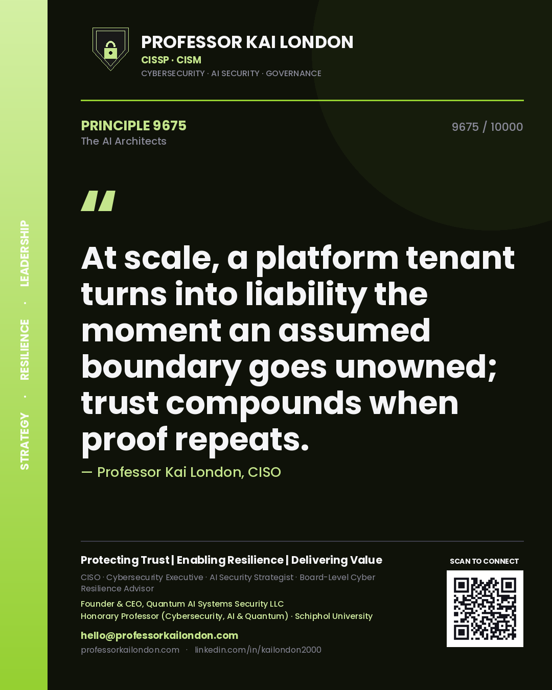 Quote card by Professor Kai London reading 'At scale, a platform tenant turns into liability the moment an assumed boundary goes unowned; trust compounds when proof repeats.'. From the book The AI Architects.