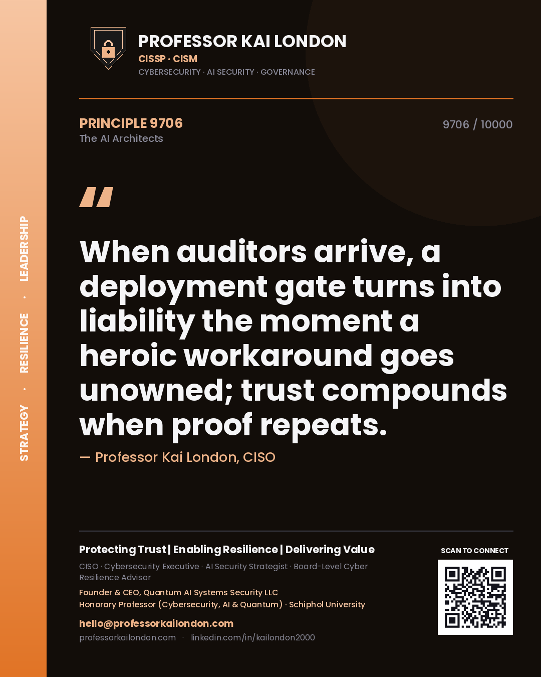 Quote card by Professor Kai London reading 'When auditors arrive, a deployment gate turns into liability the moment a heroic workaround goes unowned; trust compounds when proof repeats.'. From the book The AI Architects.