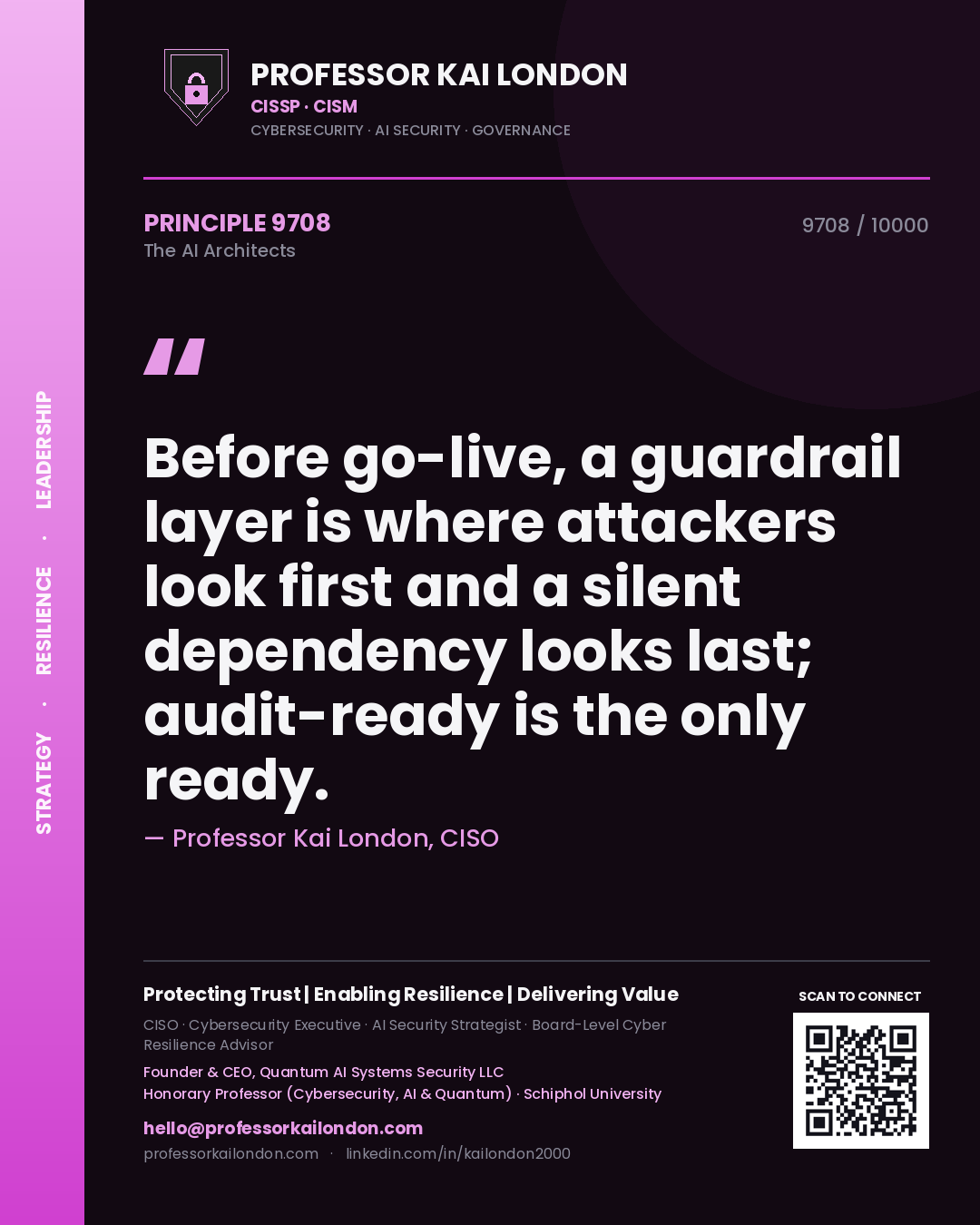 Professor Kai London principle 9708: Before go-live, a guardrail layer is where attackers look first and a silent dependency looks last; audit-ready is the only ready.