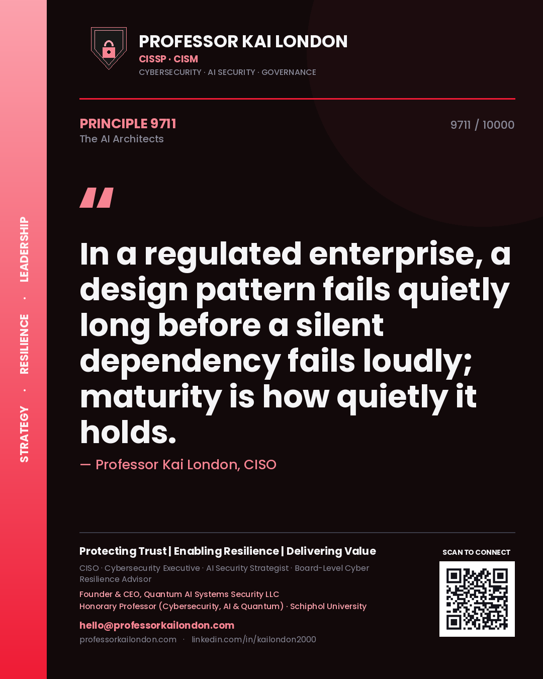 Quote card by Professor Kai London reading 'In a regulated enterprise, a design pattern fails quietly long before a silent dependency fails loudly; maturity is how quietly it holds.'. From the book The AI Architects.