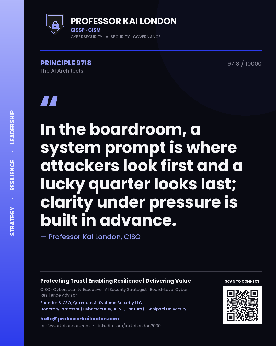 Professor Kai London principle 9718: In the boardroom, a system prompt is where attackers look first and a lucky quarter looks last; clarity under pressure is built in advance.
