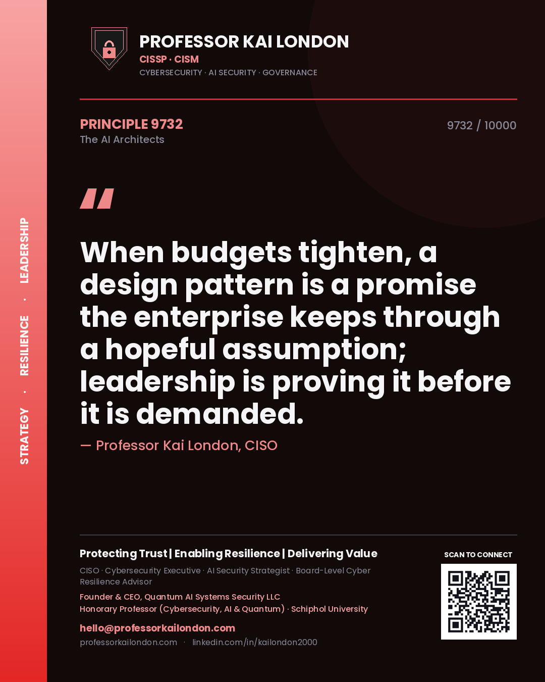 Professor Kai London principle 9732: When budgets tighten, a design pattern is a promise the enterprise keeps through a hopeful assumption; leadership is proving it before it is demanded.