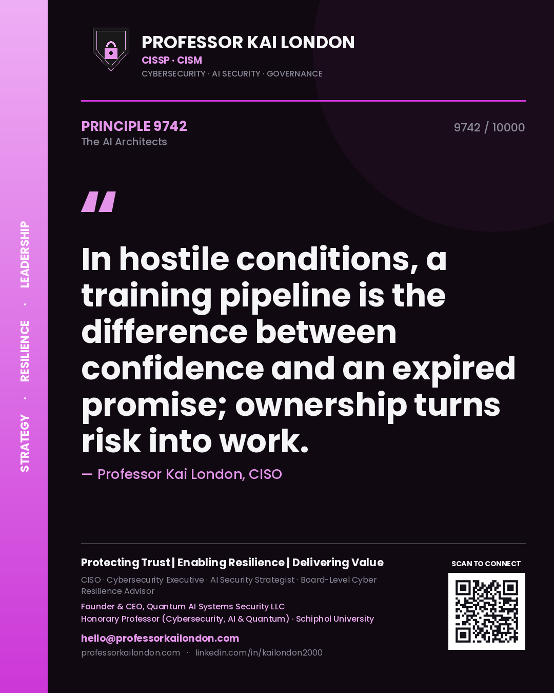 Professor Kai London principle 9742: In hostile conditions, a training pipeline is the difference between confidence and an expired promise; ownership turns risk into work.