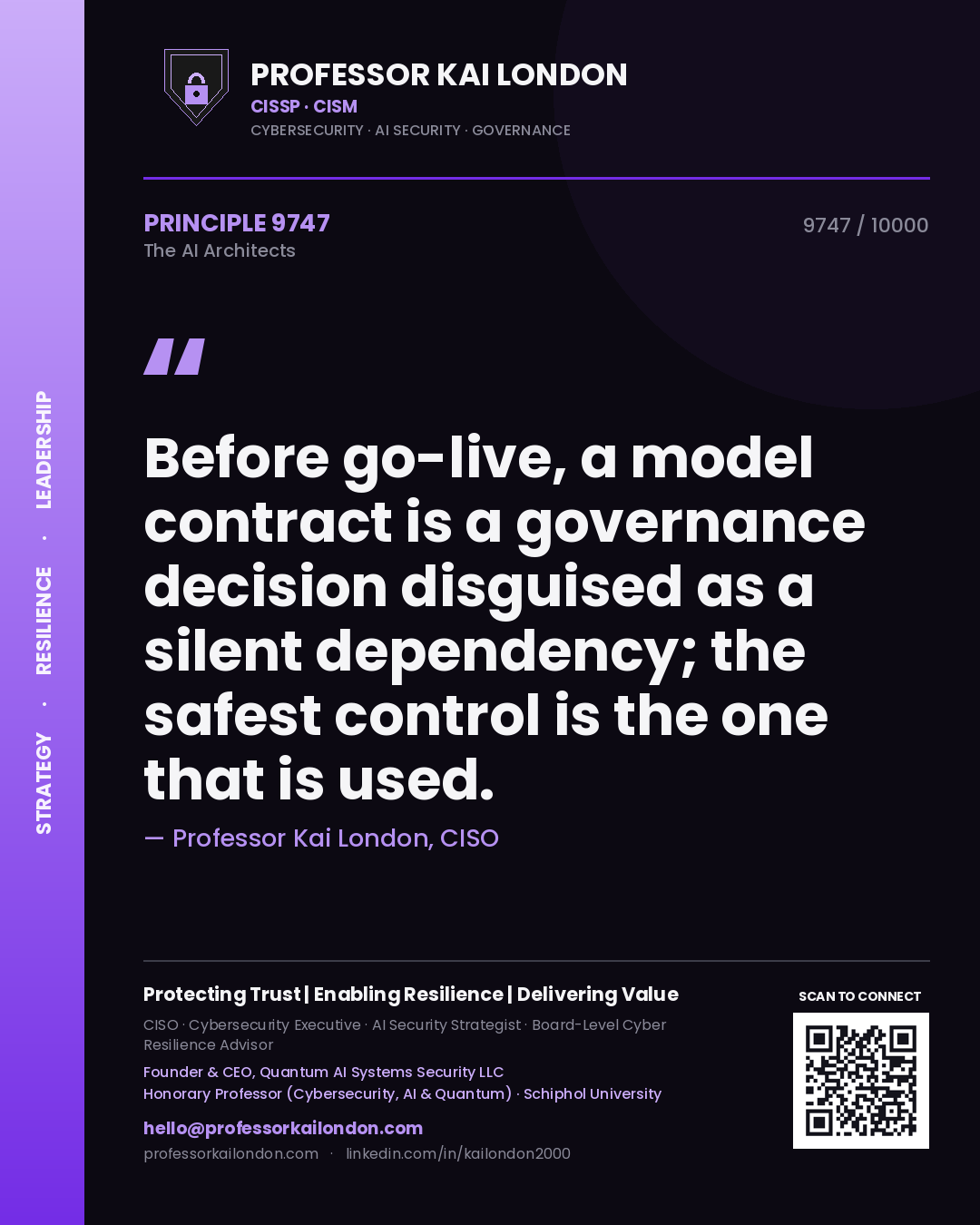 Professor Kai London principle 9747: Before go-live, a model contract is a governance decision disguised as a silent dependency; the safest control is the one that is used.