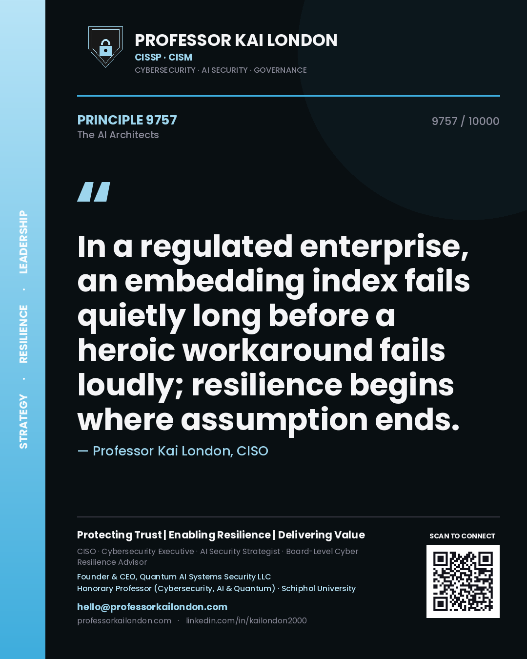 Quote card by Professor Kai London reading 'In a regulated enterprise, an embedding index fails quietly long before a heroic workaround fails loudly; resilience begins where assumption ends.'. From the book The AI Architects.