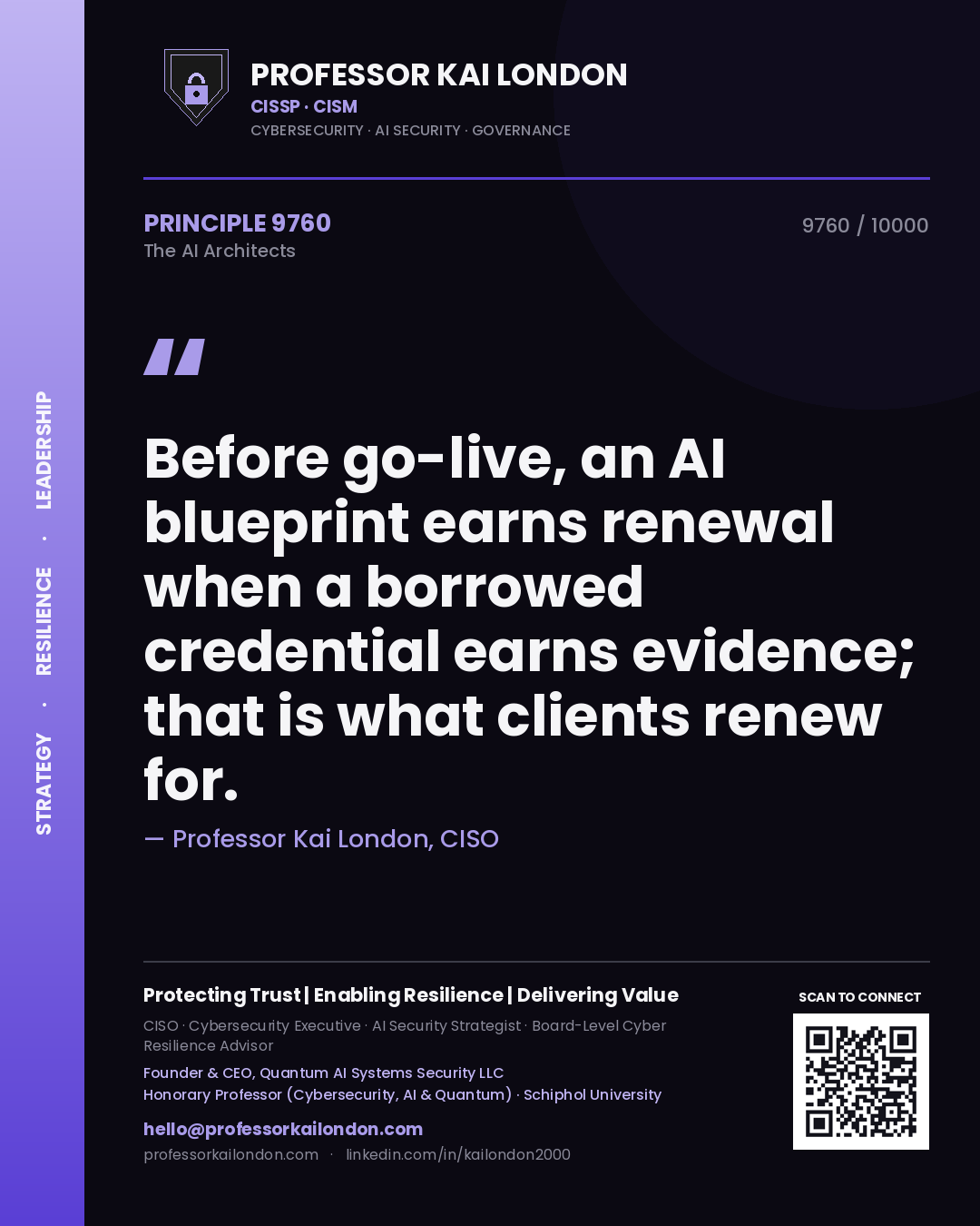 Professor Kai London principle 9760: Before go-live, an AI blueprint earns renewal when a borrowed credential earns evidence; that is what clients renew for.