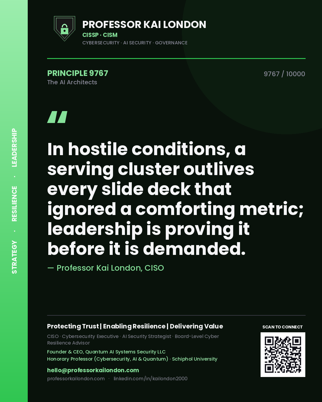 Quote card by Professor Kai London reading 'In hostile conditions, a serving cluster outlives every slide deck that ignored a comforting metric; leadership is proving it before it is demanded.'. From the book The AI Architects.