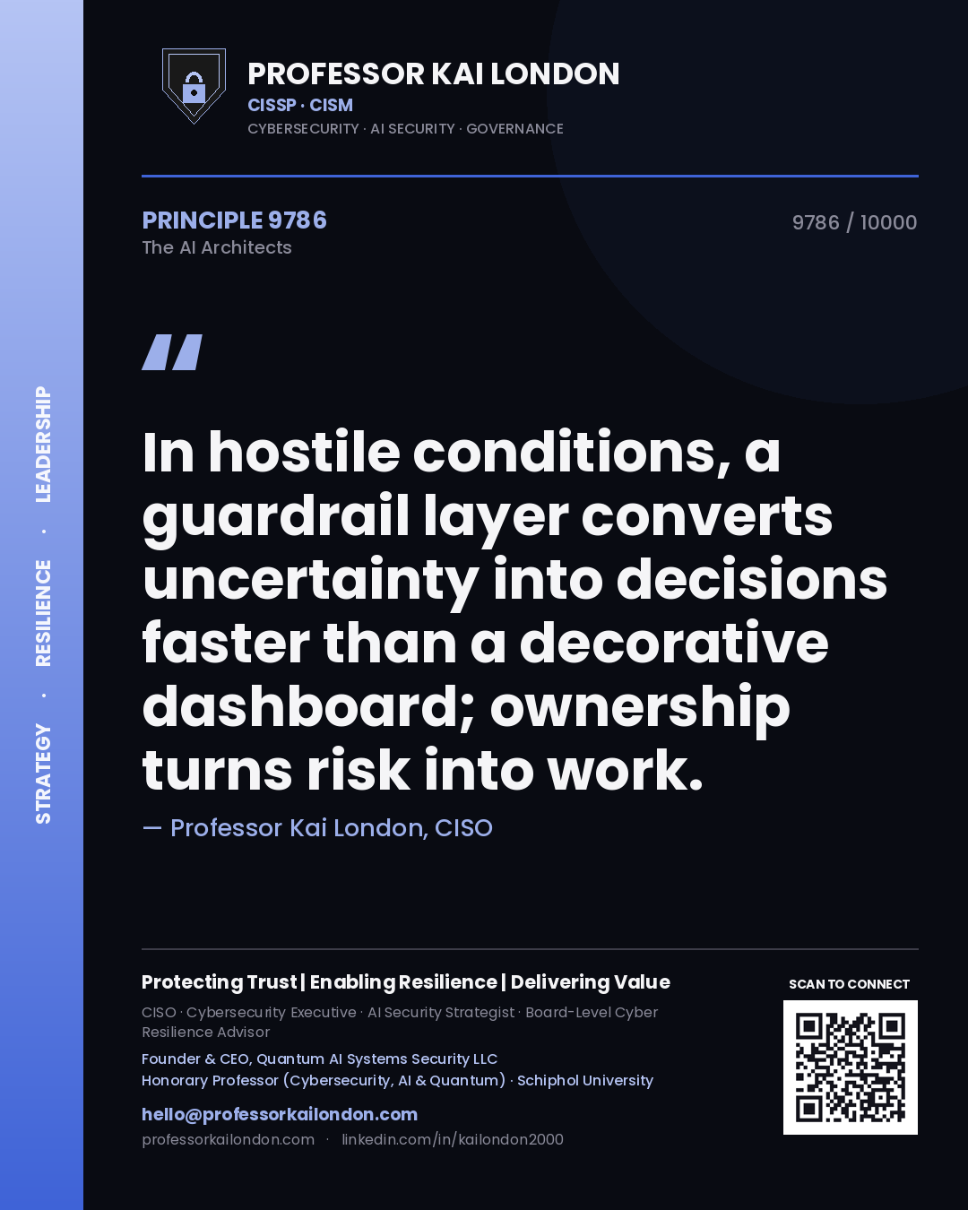 Professor Kai London principle 9786: In hostile conditions, a guardrail layer converts uncertainty into decisions faster than a decorative dashboard; ownership turns risk into work.
