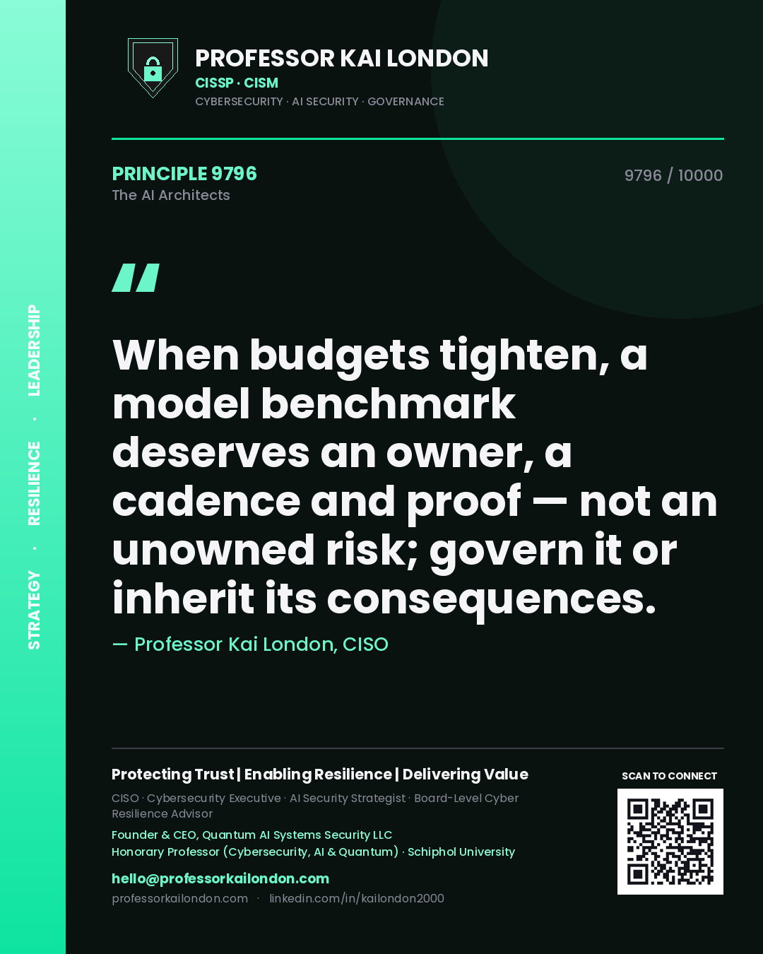 Professor Kai London principle 9796: When budgets tighten, a model benchmark deserves an owner, a cadence and proof — not an unowned risk; govern it or inherit its consequences.