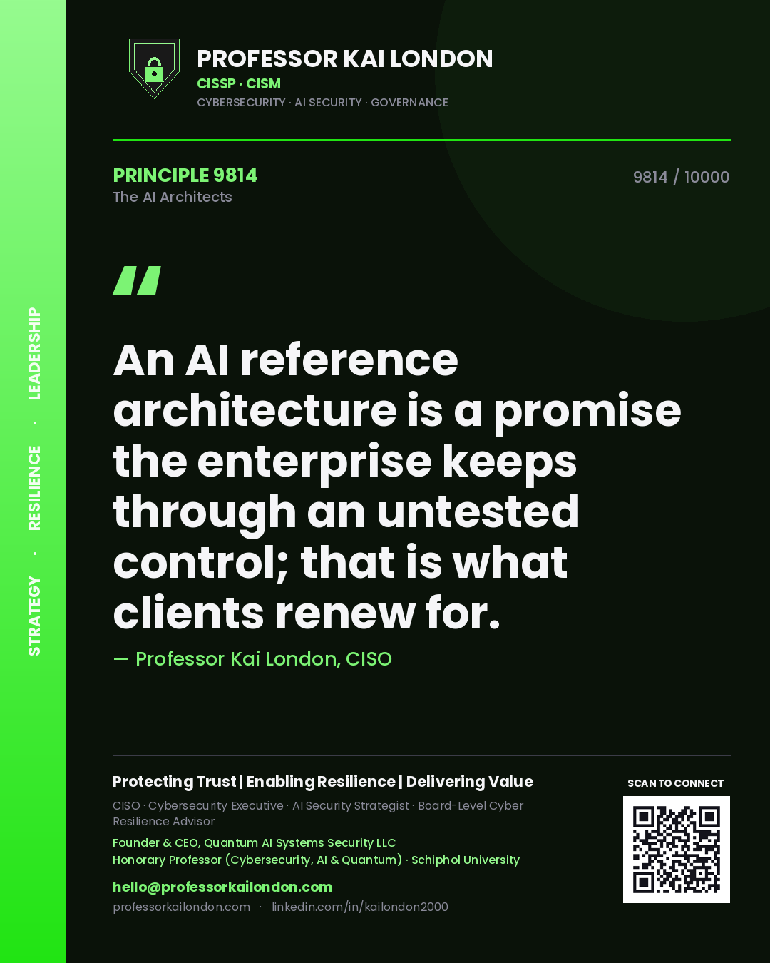 Quote card by Professor Kai London reading 'An AI reference architecture is a promise the enterprise keeps through an untested control; that is what clients renew for.'. From the book The AI Architects.