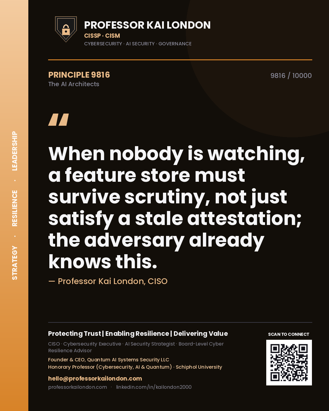 Quote card by Professor Kai London reading 'When nobody is watching, a feature store must survive scrutiny, not just satisfy a stale attestation; the adversary already knows this.'. From the book The AI Architects.