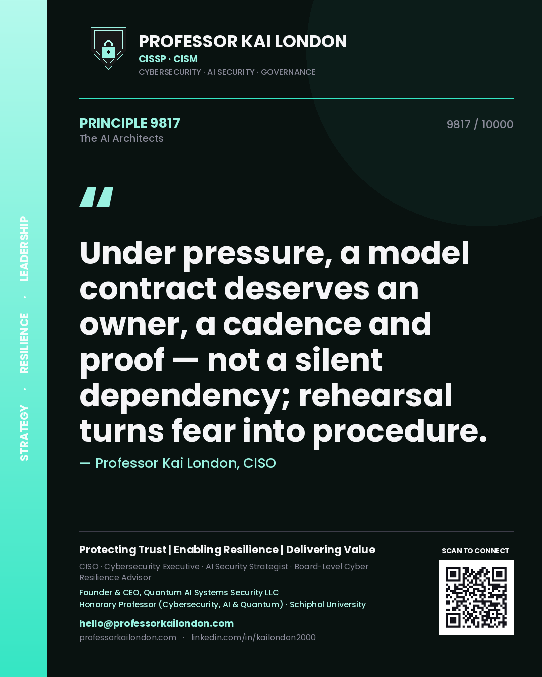 Quote card by Professor Kai London reading 'Under pressure, a model contract deserves an owner, a cadence and proof — not a silent dependency; rehearsal turns fear into procedure.'. From the book The AI Architects.