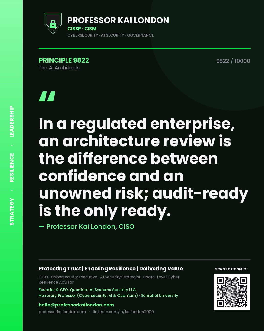 Quote card by Professor Kai London reading 'In a regulated enterprise, an architecture review is the difference between confidence and an unowned risk; audit-ready is the only ready.'. From the book The AI Architects.